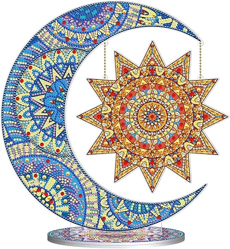 LUSandy Kit de adornos de pintura de diamantes de doble cara 5D con sol y luna, adornos artísticos de diamantes de imitación de cristal con forma