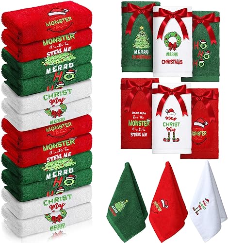 Miniatura 1 de Juego de 12 toallas de mano de cocina de Navidad de 18 x 12 pulgadas, absorbentes y suaves de algodón grueso, toallas bordadas para vacaciones,