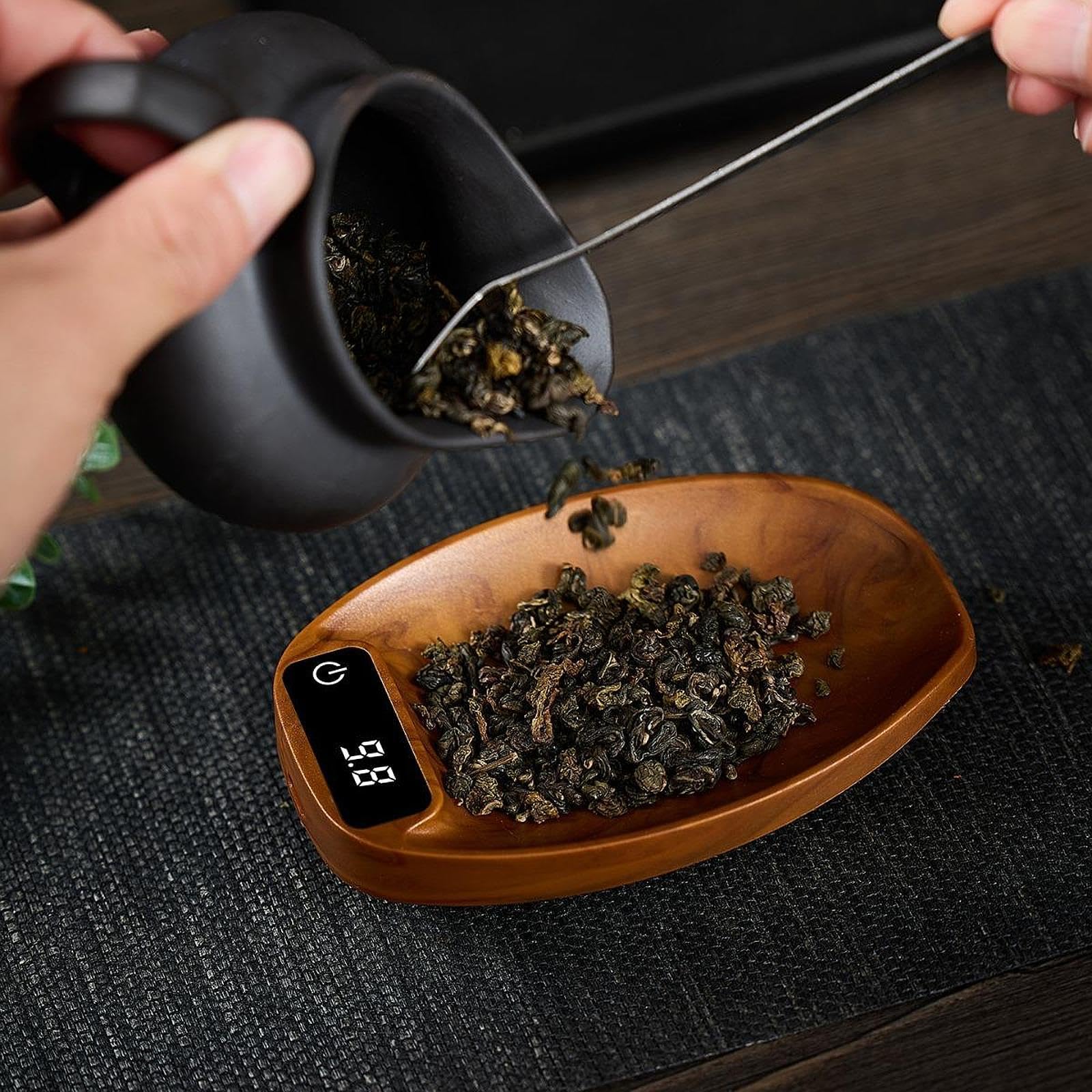 Electrónica para Medir Alimentos Té Café con Cuchara Digital Material PP Acabado Madera Diseño Pequeño Recargable USB Apta para Oficina Hogar, MarrÓn, Individual