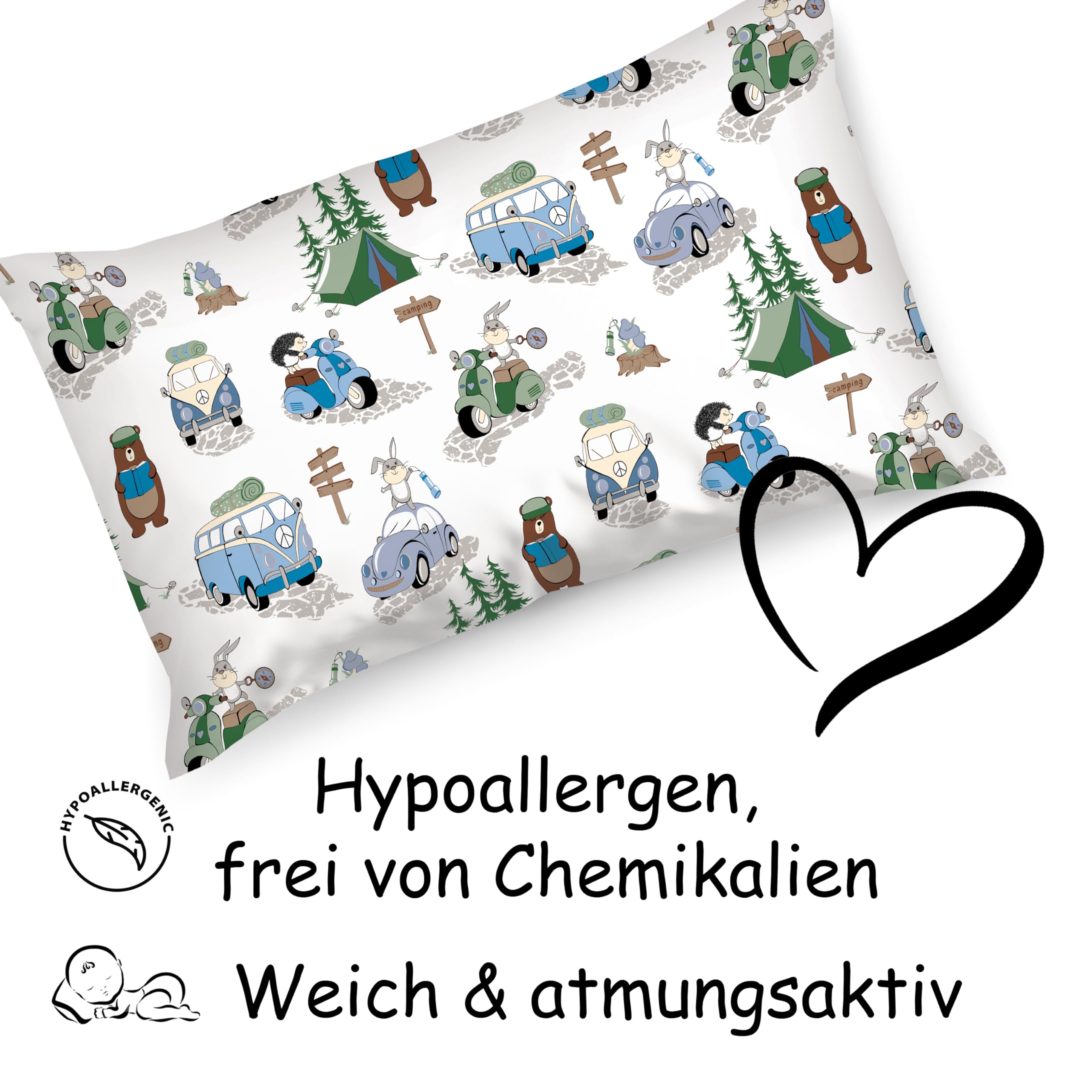 PinkZebra Funda para almohada para niños, funda 50 x 70 cm, 100% algodón, funda para almohada, certificado Oeko-Tex Standard 100, funda para niños con cremallera, Kamping