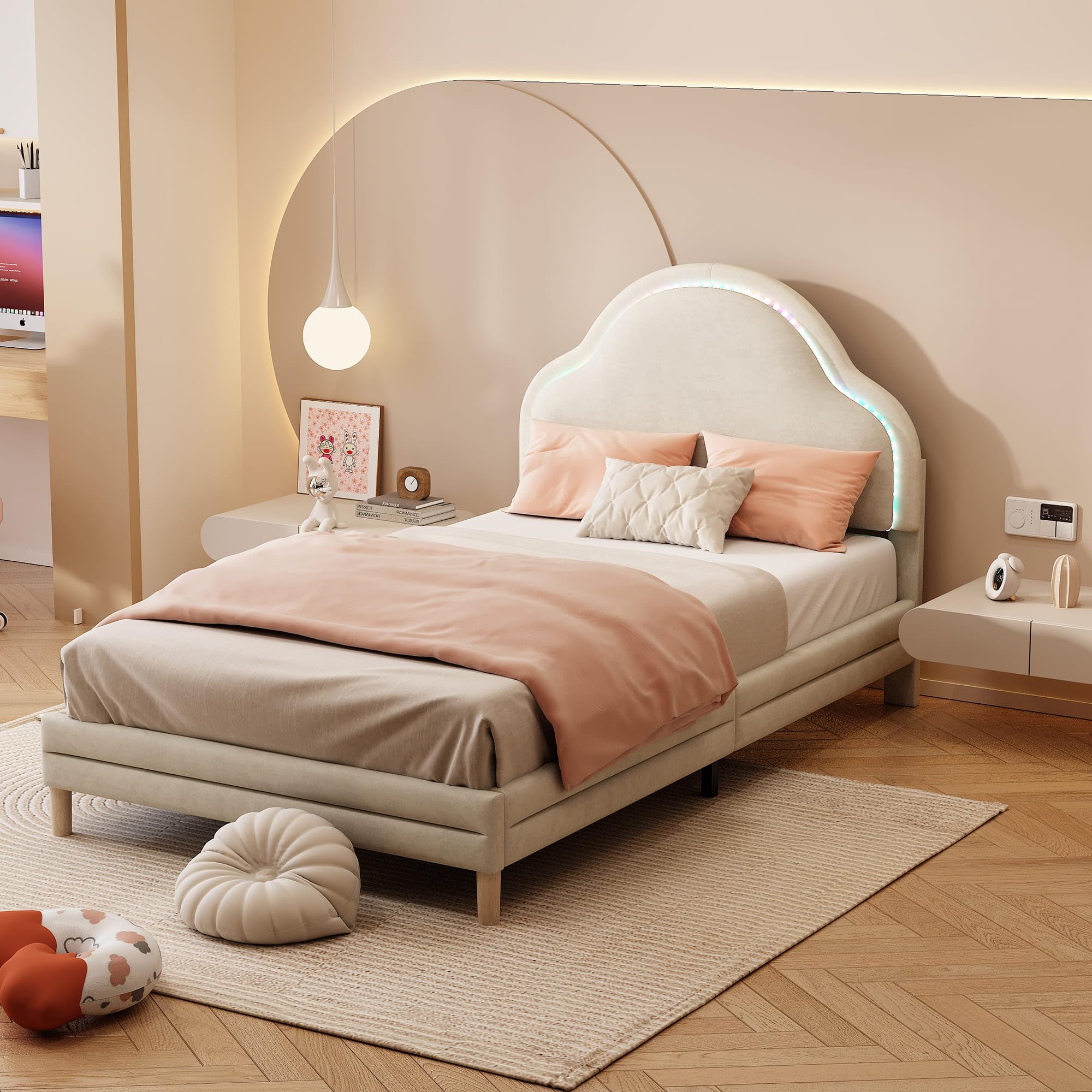 Gestoffeerd kinderbed - 90 x 200 cm - met hoofdbord en LED's - PU-leer