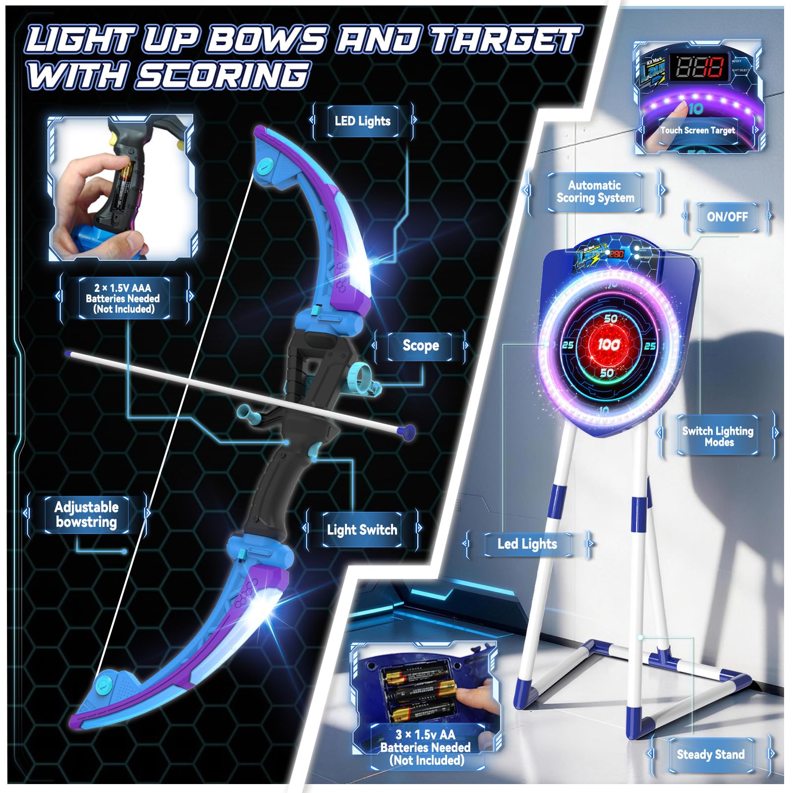 VATOS 2 Arcs et Flèches LED pour Enfants avec Comptage Automatique, Set de Tir à l’Arc Lumineux avec 10 Flèches, Cible LED, Jouet d’Intérieur et d’Extérieur pour Garçons et Filles de 5 à 12 Ans