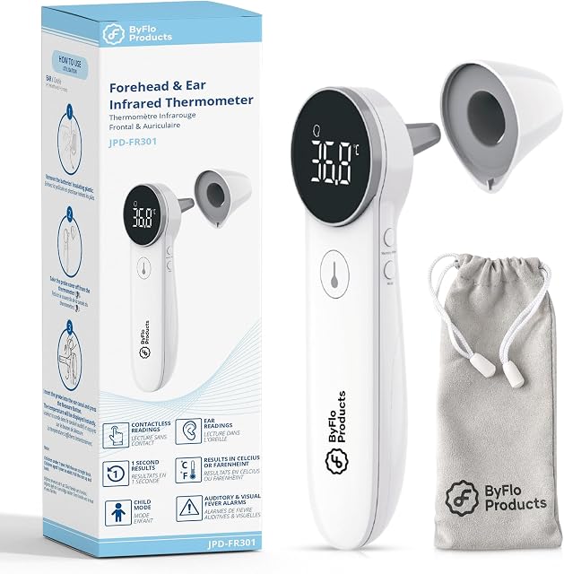 Thermomètre ByFloProducts, thermomètre auriculaire et frontal, thermomètre pour adultes et bébés, thermomètre numérique frontal, thermomètre infrarouge sans contact, mémoire de température et alarme de fièvre, facile à utiliser, fièrement canadien