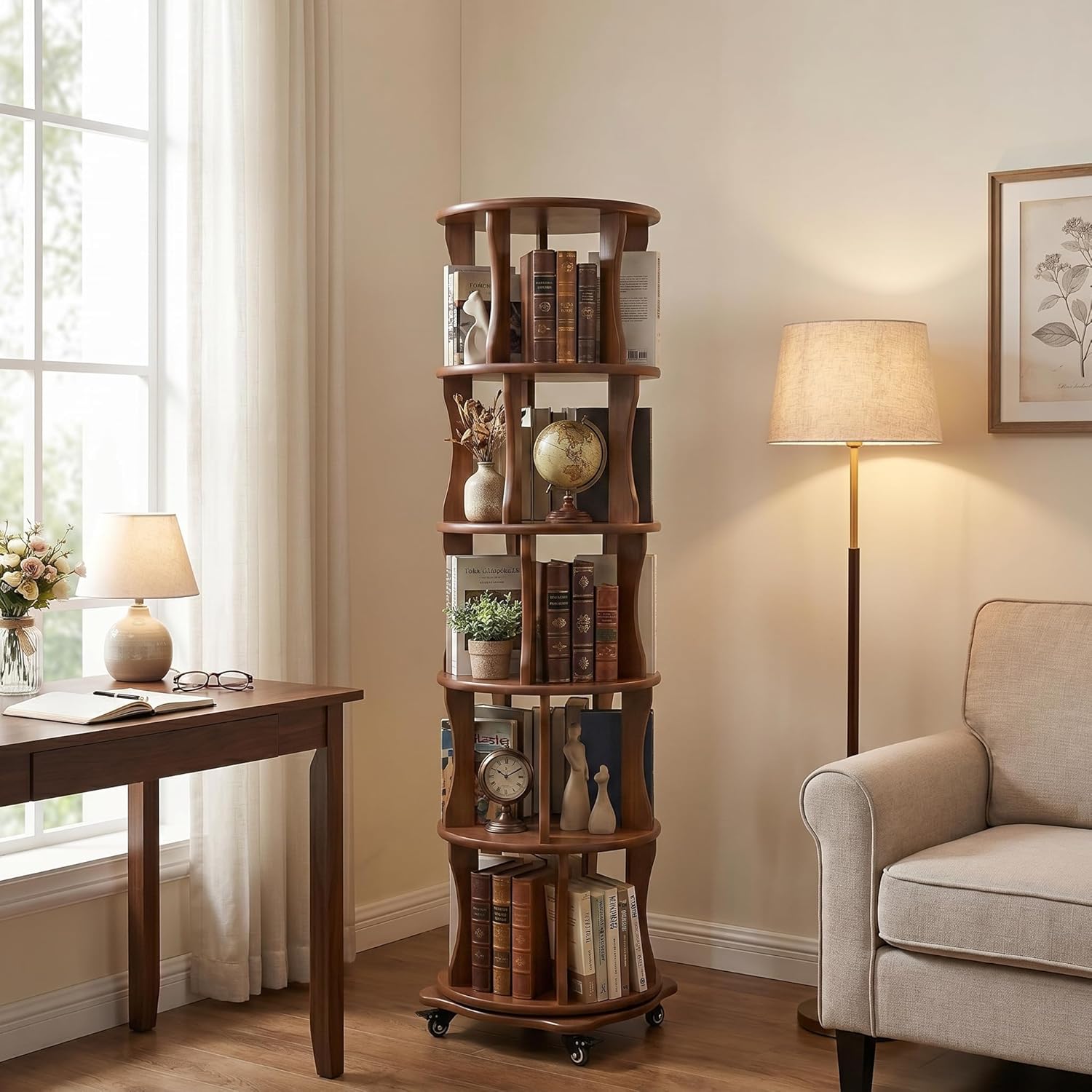 Amazon.com: 5 Tier Solid Wood Rotating Bookshelf with Wheels, Round ...
