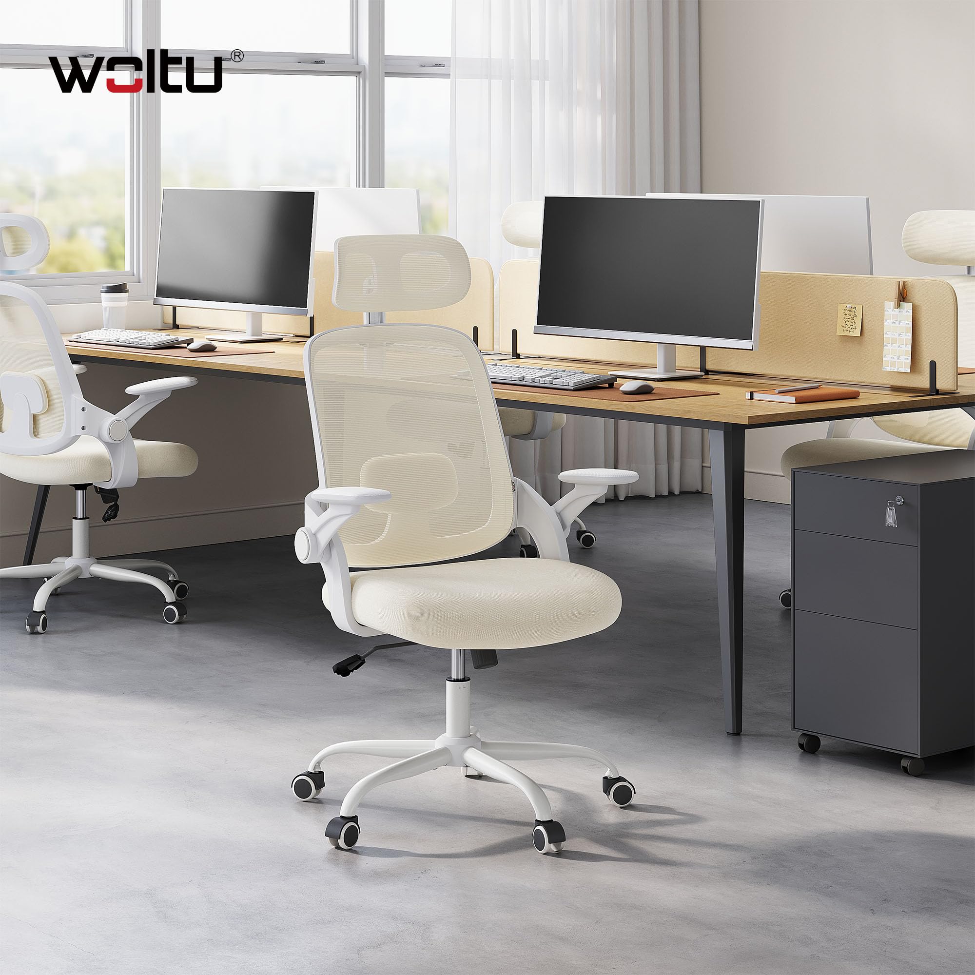 WOLTU Chaise de Bureau Ergonomique, Fauteuil de Bureau en Maille, Beige | Appui-tête et Accoudoirs Réglables, avec Support Lombaire, Dossier Inclinable