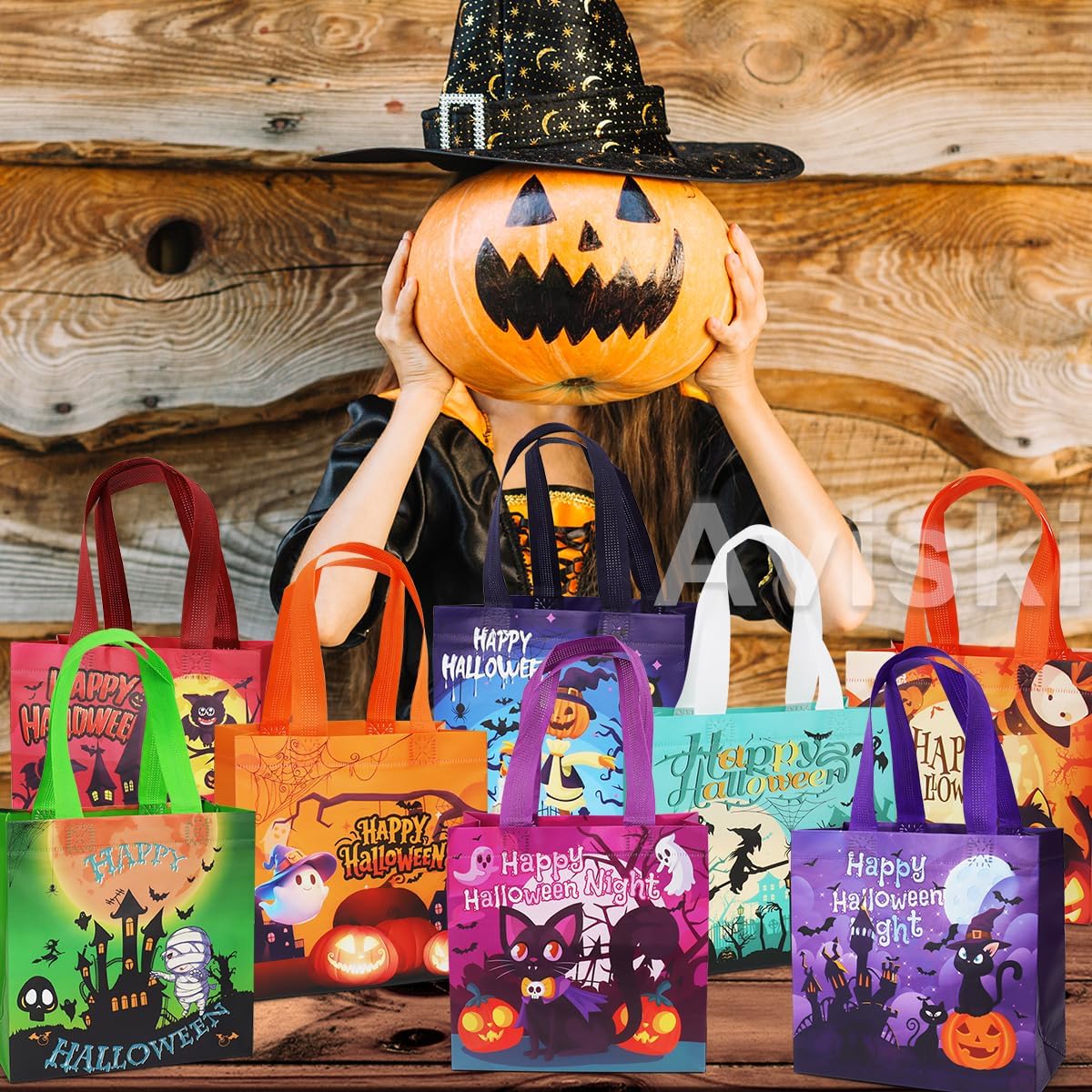 8PCS Halloween Small Trick or Treat Bags, 7.9"×7.9"×3.15", Non-Woven Gift Tote Bags with Handles for Gifts Wrapping, Party Supplies - Image 4