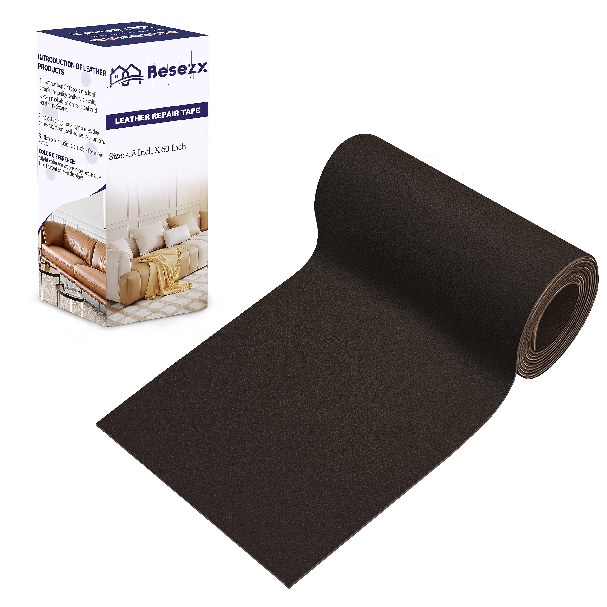 Besezx Leather Repair Patch Tape Kit Dark Brown Litchi Grain 122cm x 40cm | USA Imported for Furniture & Car Seats - main product image