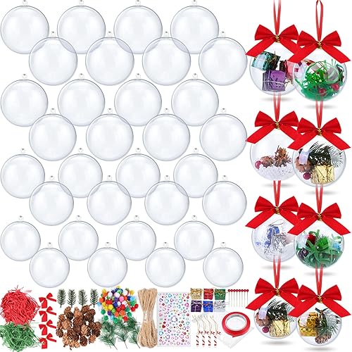 Liliful Juego de 48 adornos de Navidad transparentes rellenables de 3.15/2.76/2.36/1.97 pulgadas, bolas de conos de pino y varios accesorios para