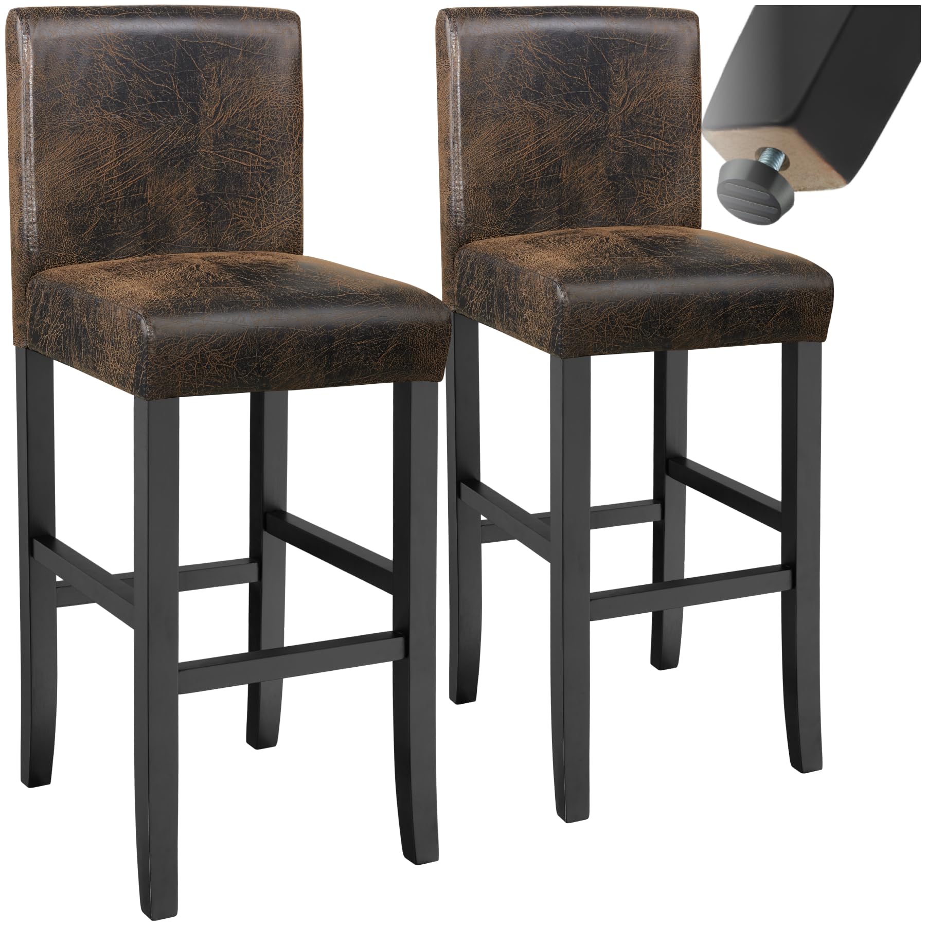 tectake® Set of 2 Bar Stools, Ergonomic Design, High-Gloss Hardwood Legs, Easy-Care Synthetic Leather, Counter & Kitchen Island Breakfast Bar Stool, PU Tall Chair with Optimal Comfort - Antique Brown