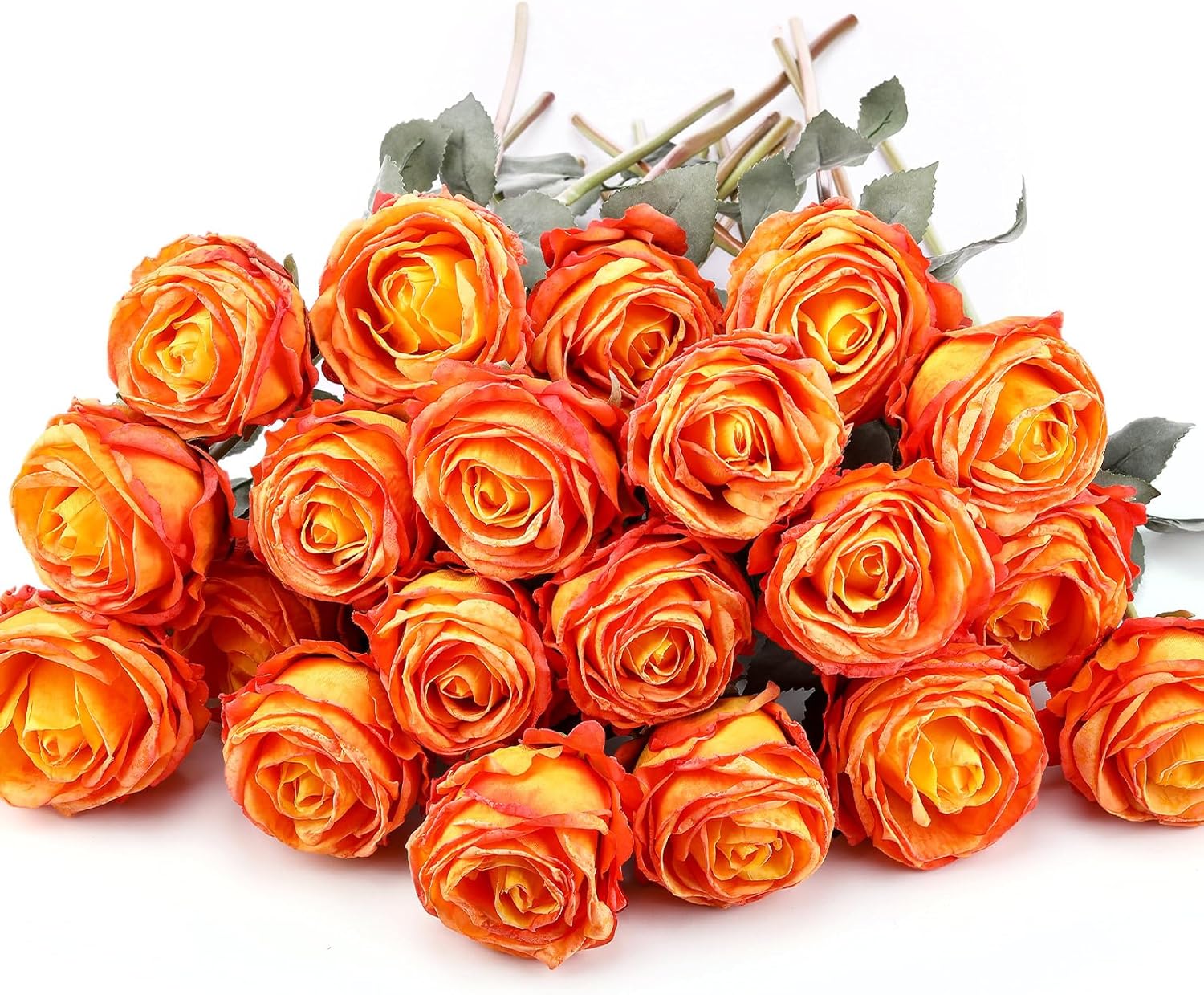 20 Pcs Artificial Roses Flowers Bulk, Vintage Burnt Edge Silk Fake Roses with Long Stems Realistic Flowers for DIY Wedding Valentines Bouquet Centerpiece Home Party Decor(Orange)