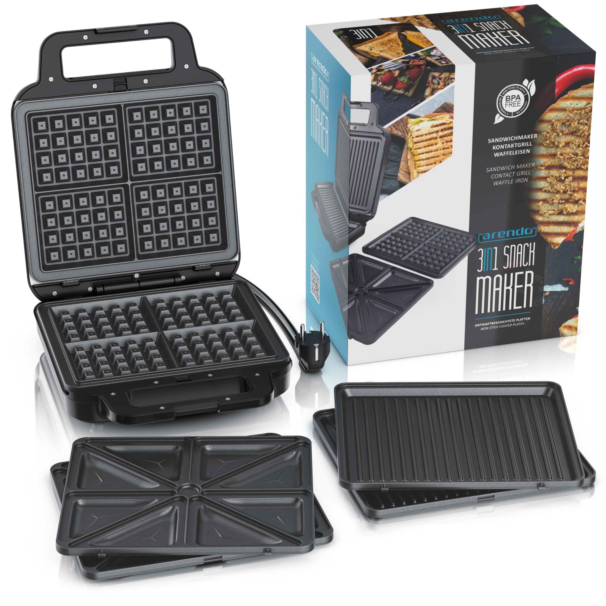 Arendo - Waffeleisen XXL 4er - 3 in 1 Sandwichmaker Kontaktgrill mit abnehmbaren Platten - mit Antihaftbeschichtung - Sandwichtoaster - 4er Platten - belgische Waffeln