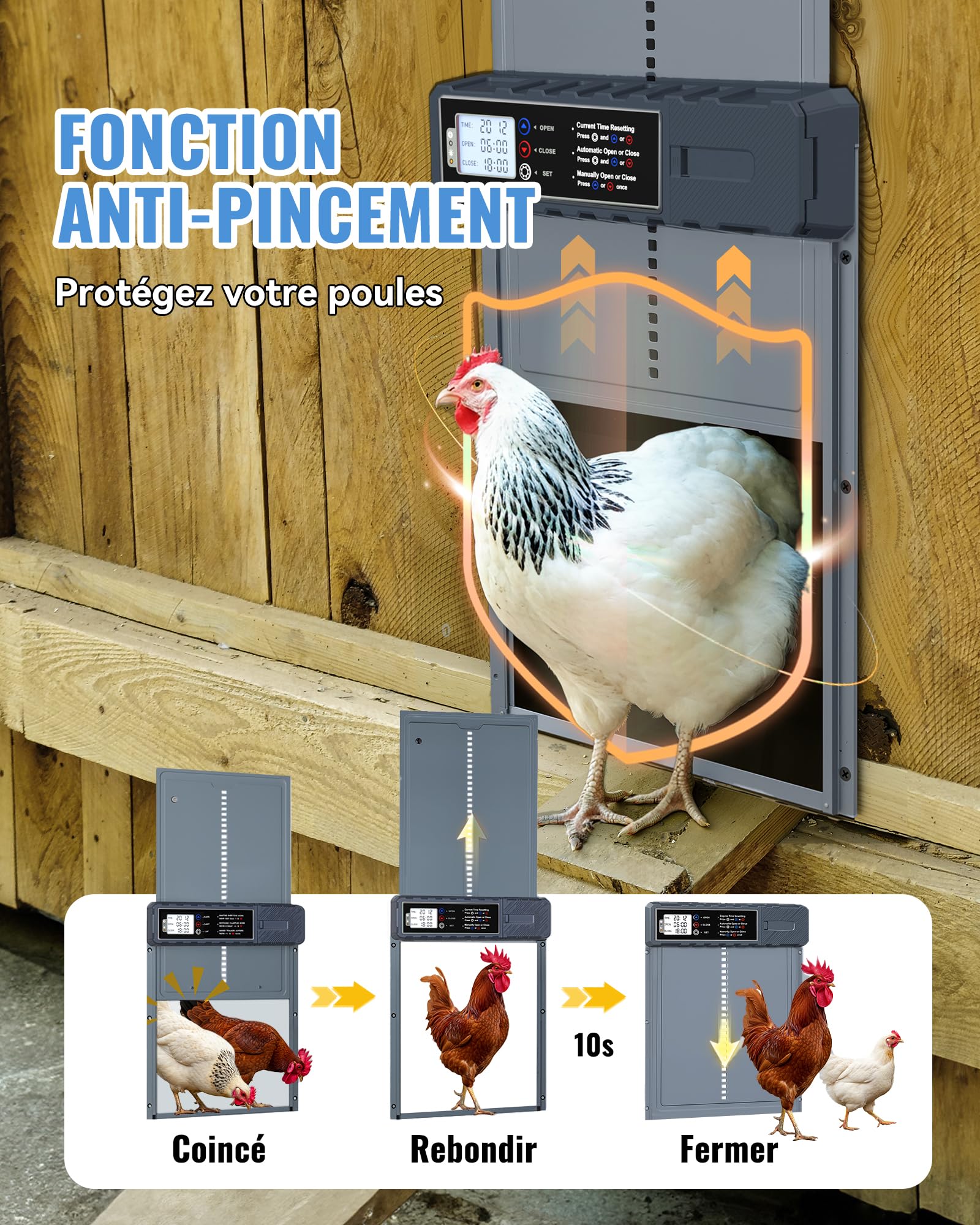 Porte Automatique Poulailler Solaire Grande Taille 27.5x36cm avec Télécommande&USB-C Cable,Porte Poulailler Bleu en Aluminium Étanche,3 Modes,Affichage LED,Sécurité Anti-Pincement,Minuterie