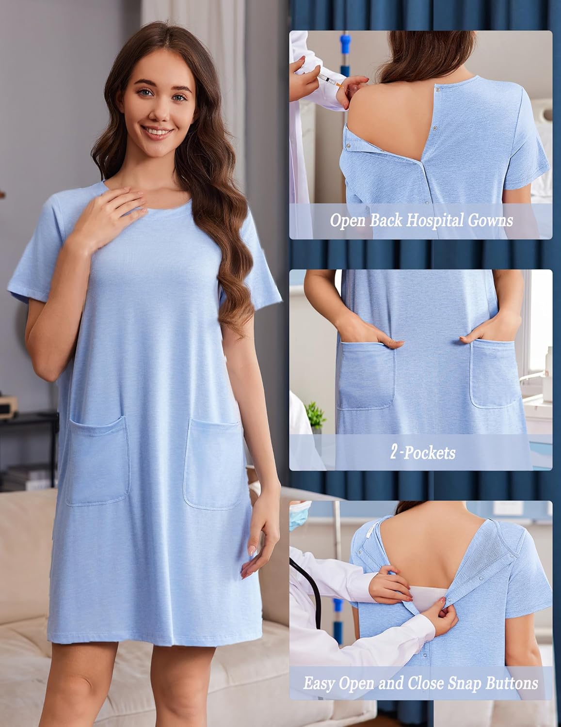 Deyeek Hospital Gowns for Women Open Back Tear Away Snap Nursing Dress Short Sleeve Soft Adaptive Clothing With Pockets - Image 4