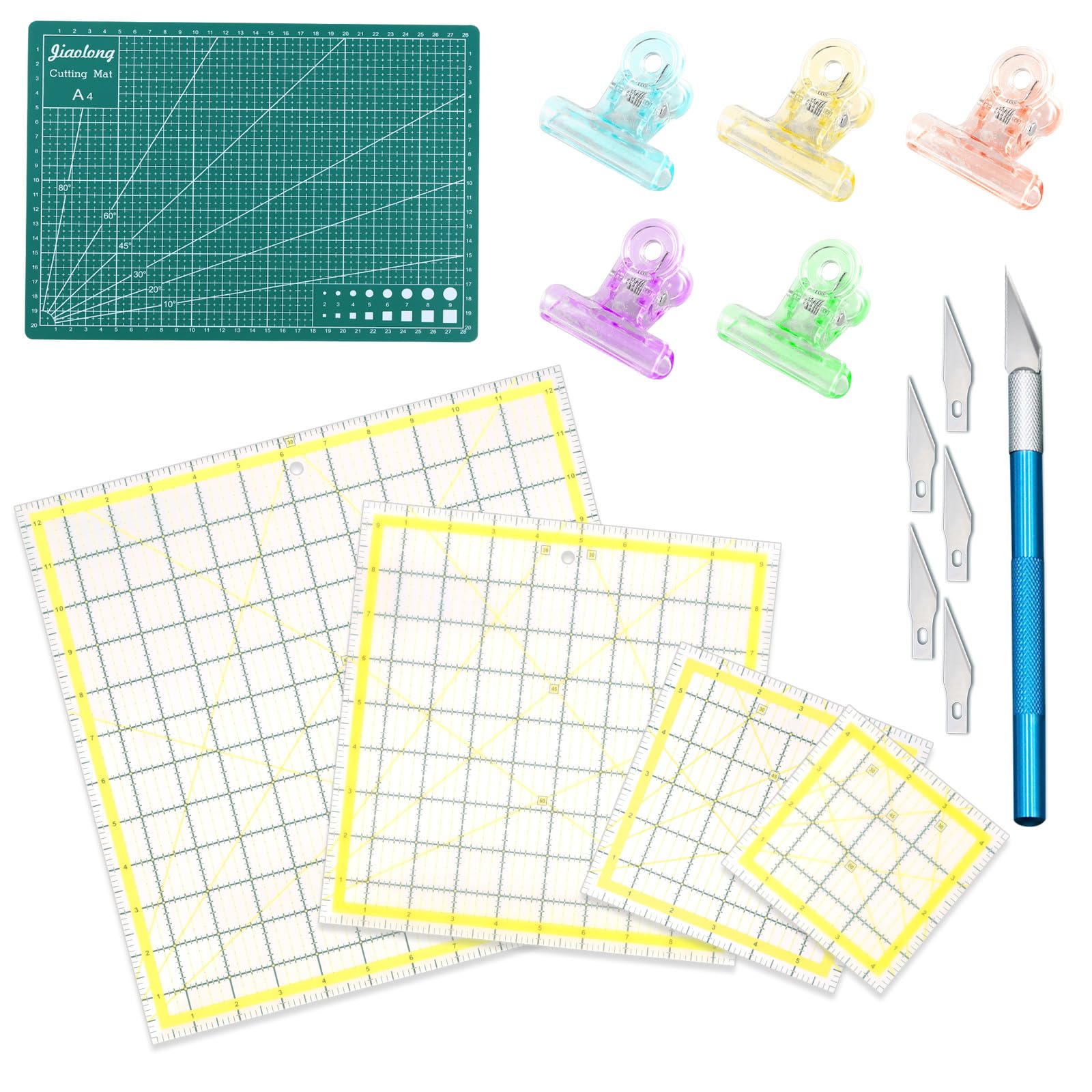 Keadic 31Pcs 4 Size Acrylic Quilting Ruler Set with A4 Self Healing Cutting Mat and Non Slip Rings, Clear Square Quilt Rulers, Fabric Cutting Ruler with Double-Colored Grid Lines for Sewing