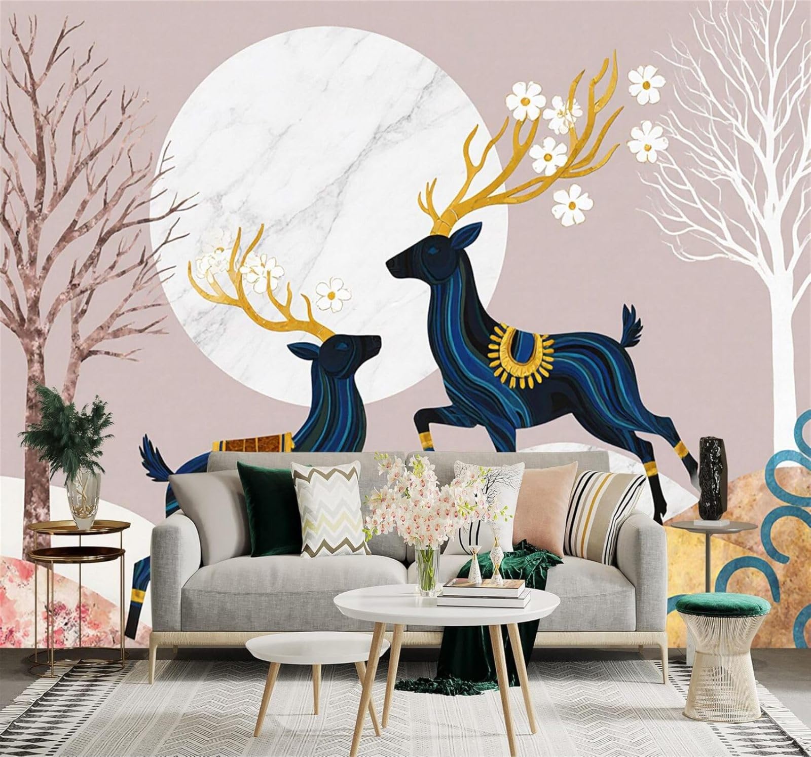 XLMING Blue Deer Golden Antlers Trees Full Moon Landscape 3D Wallpaper Premium Textured Silk Study Dining Living Room Bedroom Sofa TV Wall Easy Install-350cm×256cm
