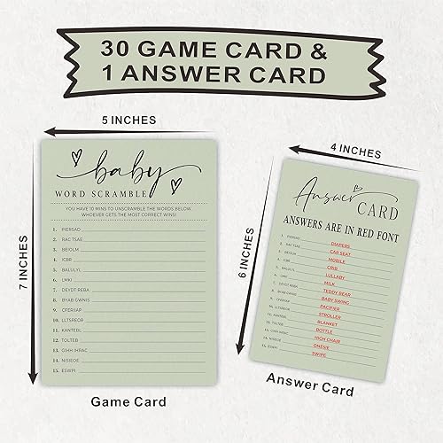 Miniatura 2 de Baby Shower Word Scramble - Juego de fiesta y actividad verde musgo minimalista - Tarjetas de juego de 5 x 7 pulgadas, juego de revelación de