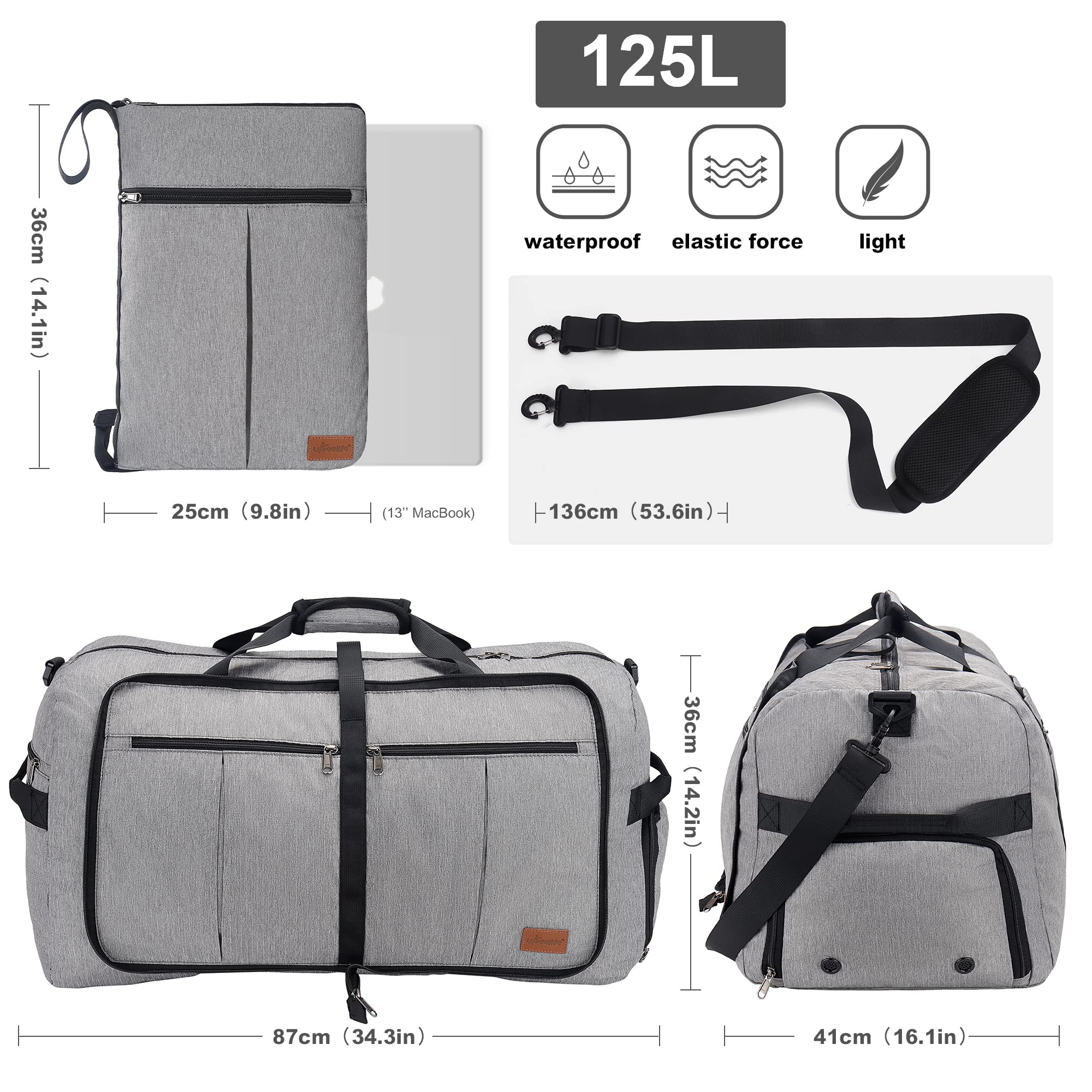 Upeelife Borsone da Viaggio, 125L Borsa da Viaggio Pieghevole Uomo Donna, Borsone Palestra Sportivo Impermeabile con Scomparto per Scarpe e Tasca Bagnata