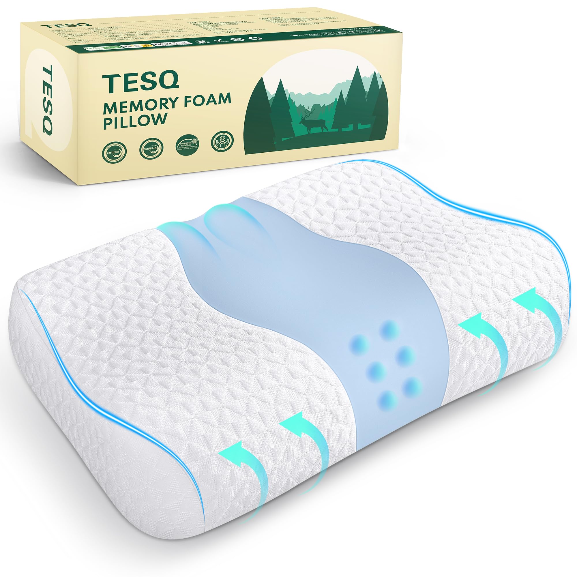 TESQ Cuscino in Memory Foam, Supporto Cuscino Cervicale Ergonomico, Testa e Spalle, Adatto per Dormire di Fianco, sulla Schiena o a Pancia in Giù, Federa Lavabile - Migliora il Comfort del Sonno