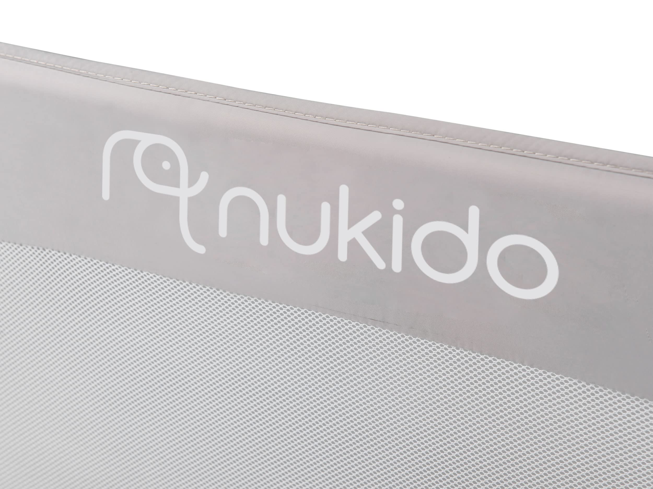 Nukido Barrière De Lit Bébé Anti-Chute 150 x 35 x 42 cm Barrière De Sécurité Pliable avec Système De Verrouillage Ceintures De Sécurité Poche Cadre Durable en Acier Gris