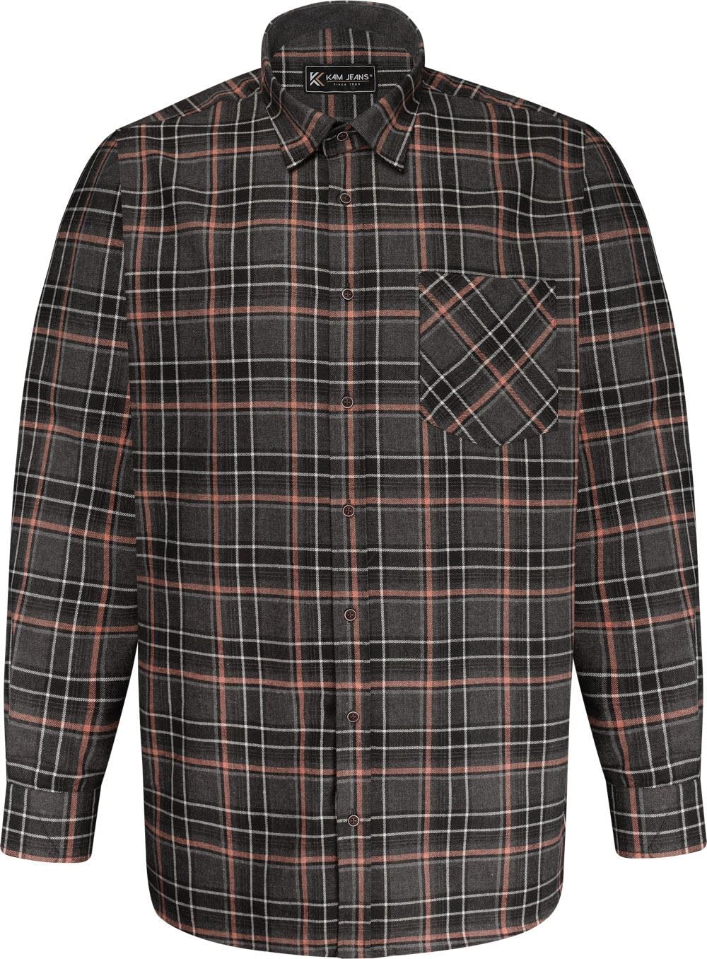 KAM Flannel Check Shirt Long Sleeve Chest Pocket Casual Mens Plus Size P041LS (UK, Alpha, 4XL, Plus, Regular, Charcoal)