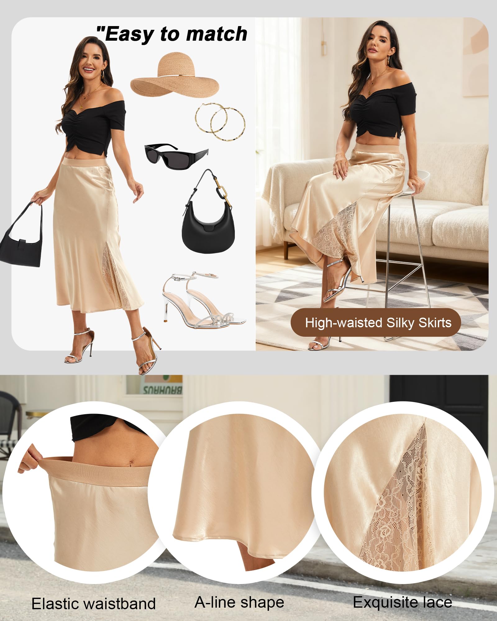 Falda Larga de satén para Mujer,Elegante,Corte A,Midi,Cintura Alta,Sedosa,para Bodas,Fiestas,Negocios