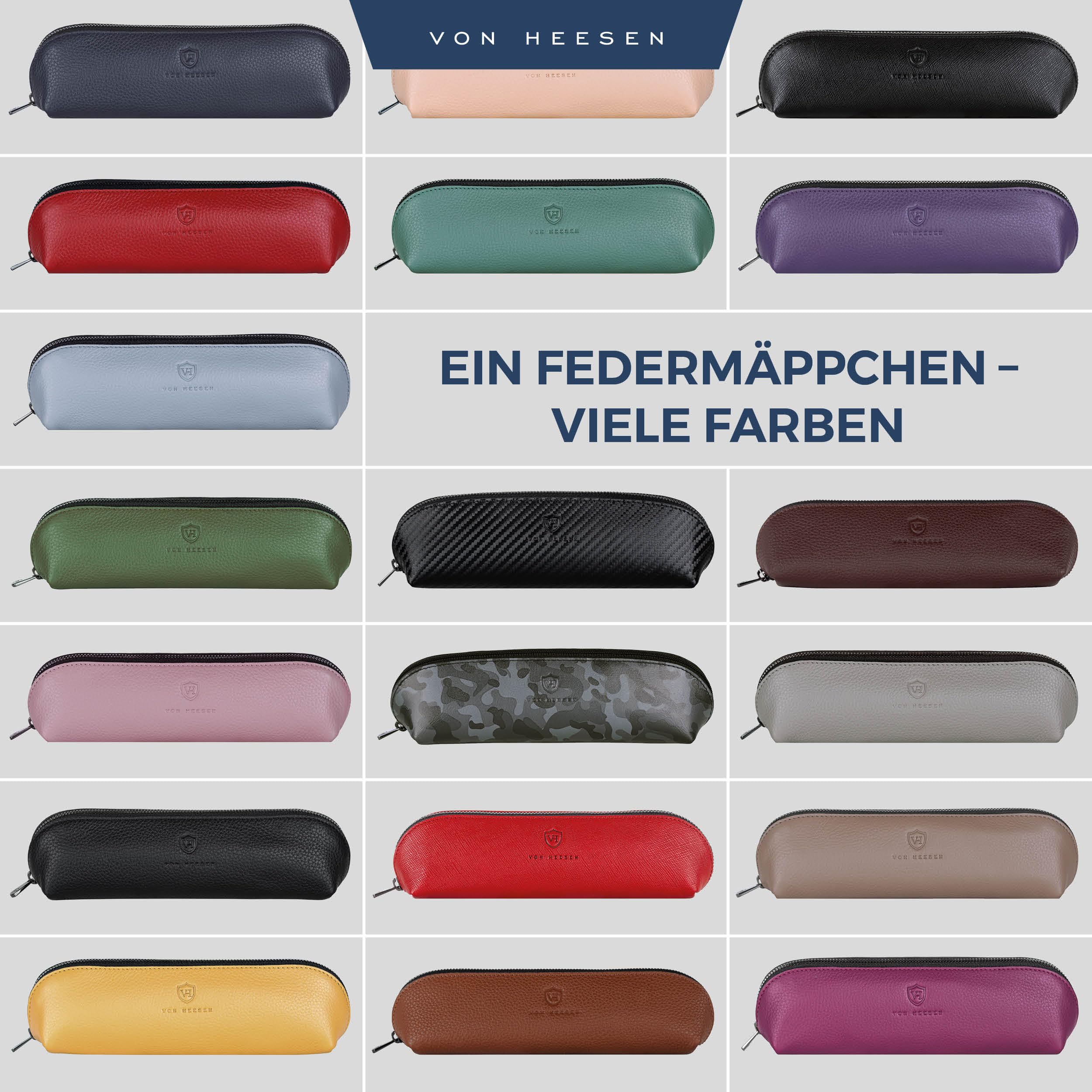 VON HEESEN® Echtleder Federmäppchen Leder Federmappe Etui für Stifte Mäppchen Schule Federtasche Uni Schlampermäppchen (Saffiano)