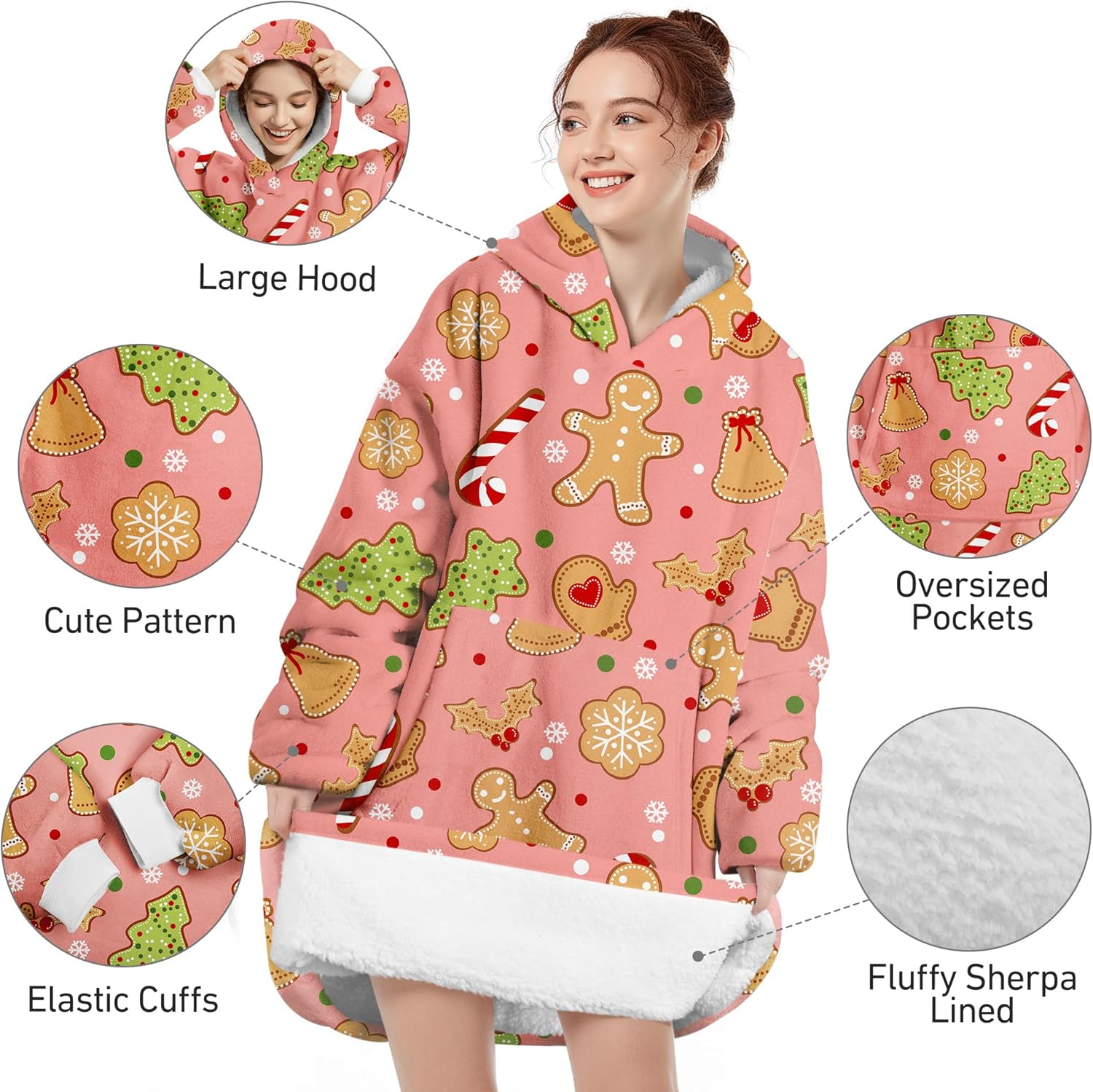 Queenshin Oversized Wearable Blanket Hoodie Animal, Warm Sherpa Fleece Blanket with Sleeves Big Pocket Christmas Sweatshirt - Image 4