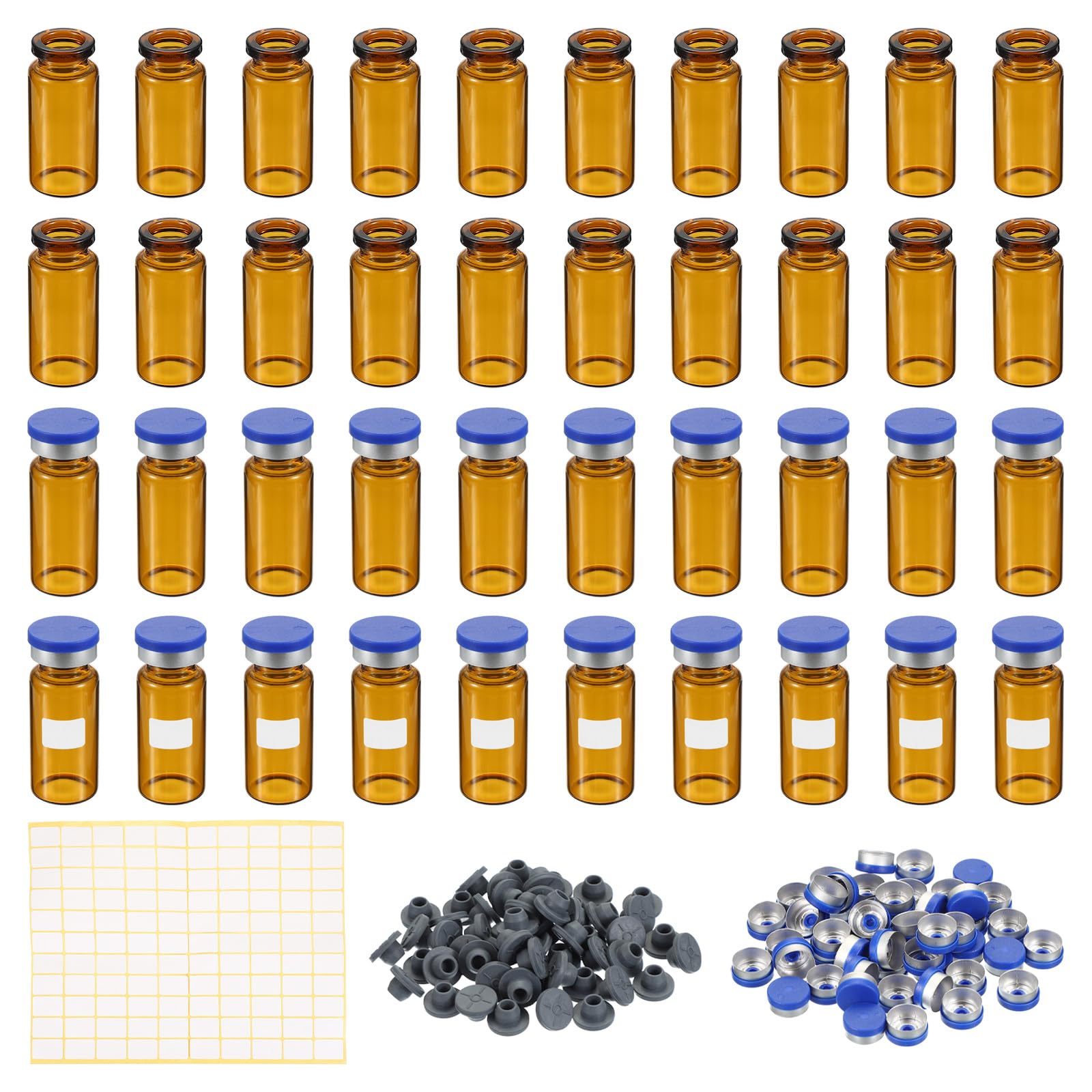 PATIKIL 10ml modello Fiale, 100 Confezione Fiale Vuote da Laboratorio con Tappo in Gomma Butilico a Crimpare e Etichette Fiala in Vetro Borosilicato, Ambra