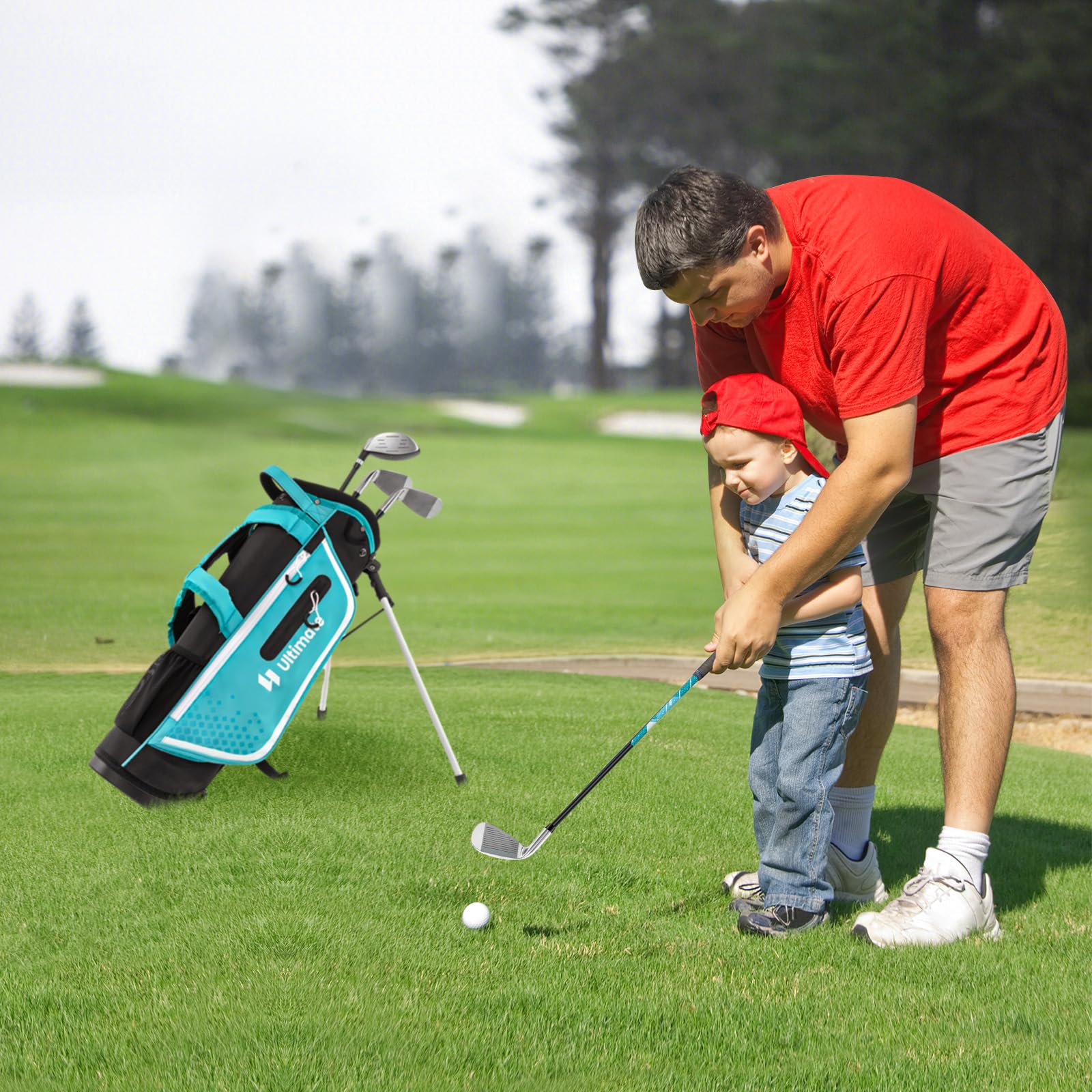 GOPLUS Clubs de Golf pour Enfants, Fairway #3, Fers #7, Fer #S et Putter, Sac Trépied avec Capuche Anti-Pluie, pour Garçons et Filles âgés de 5-7/8-10/11-13 Ans