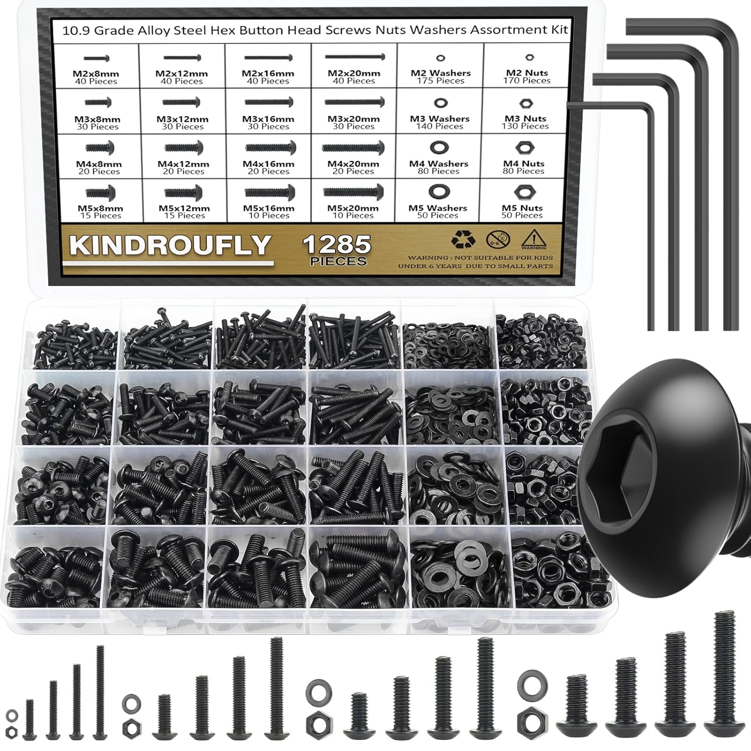 1285 Pieces M2 M3 M4 M5 Screws Nuts Washers Assortment Kit, Metric Screw Set, Bolts and Nuts, Machine Screws, Fully Machine Thread (Black, Button Head Socket Cap Screws Kit,)