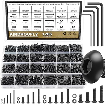1285 Pieces M2 M3 M4 M5 Screws Nuts Washers Assortment Kit, Metric Screw Set, Bolts and Nuts, Machine Screws, Fully Machine Thread Black, Button Head Socket Cap Screws Kit,
