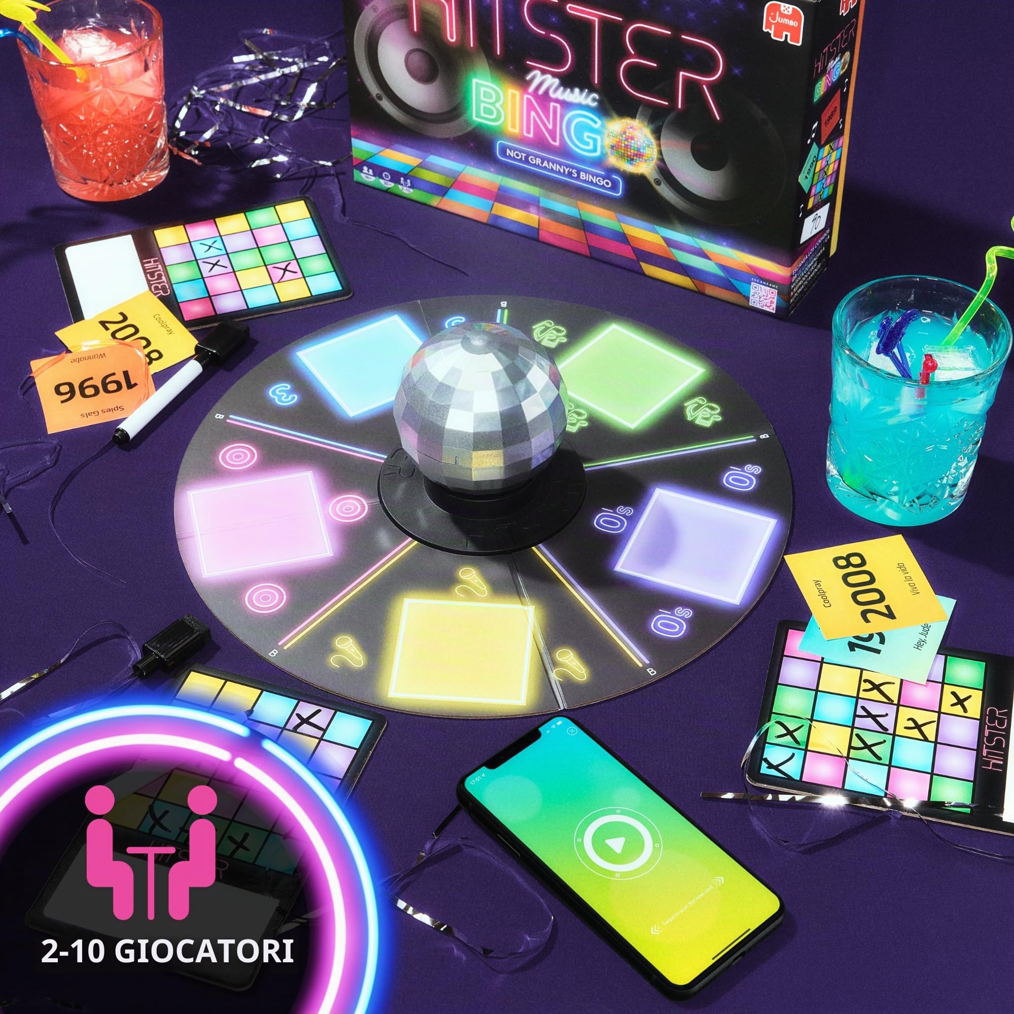 Hitster Bingo - Gioco a quiz musicale elettronica per adulti - Divertenti giochi per feste, giochi a quiz musicali e attività notturne per famiglie - Indovina quel gioco di bingo musicale con palla da