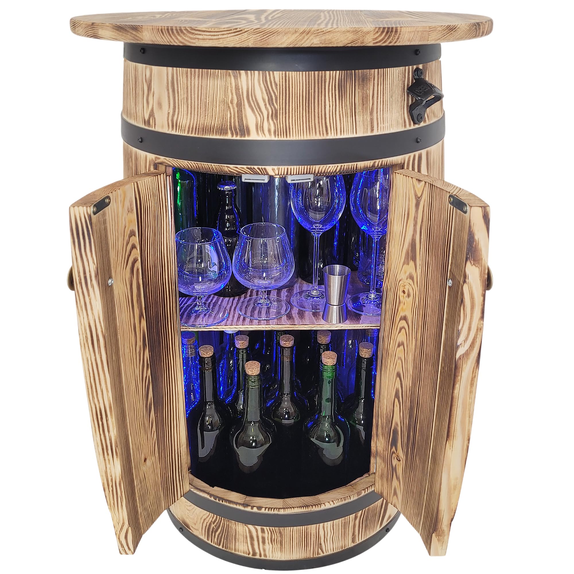 weeco Holzbar Fass mit RGB LED Ablage zur Aufbewahrung von Alkohol, Dekoratives Barschrank mit Regalböden und Türen, Weinregal für Wohnzimmer oder Küche, 80x55x44 cm
