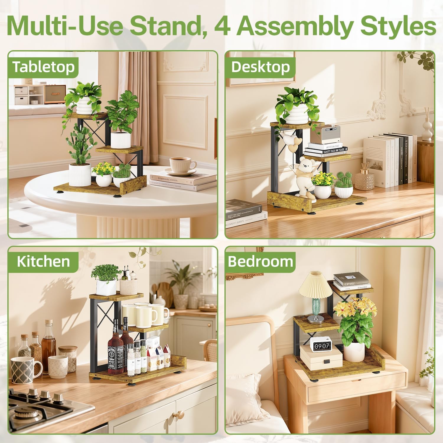 iDavosic.ly Small Table Top Plant Stand, 3 Tier Succulent & Flower Pot Holder for Desktop, Space-Saving Countertop Organizer Shelf for Office and Home Decor, Black Brown