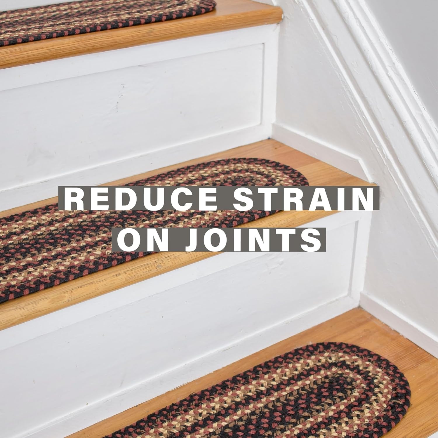 Homespice Prescott Jute Braided Staircase Step Treads, Country Primitive Decor, Set of 13, Black and Red 8x28 Oval Rug for Stairs - Easy to Clean, Tightly Stitched and Durable