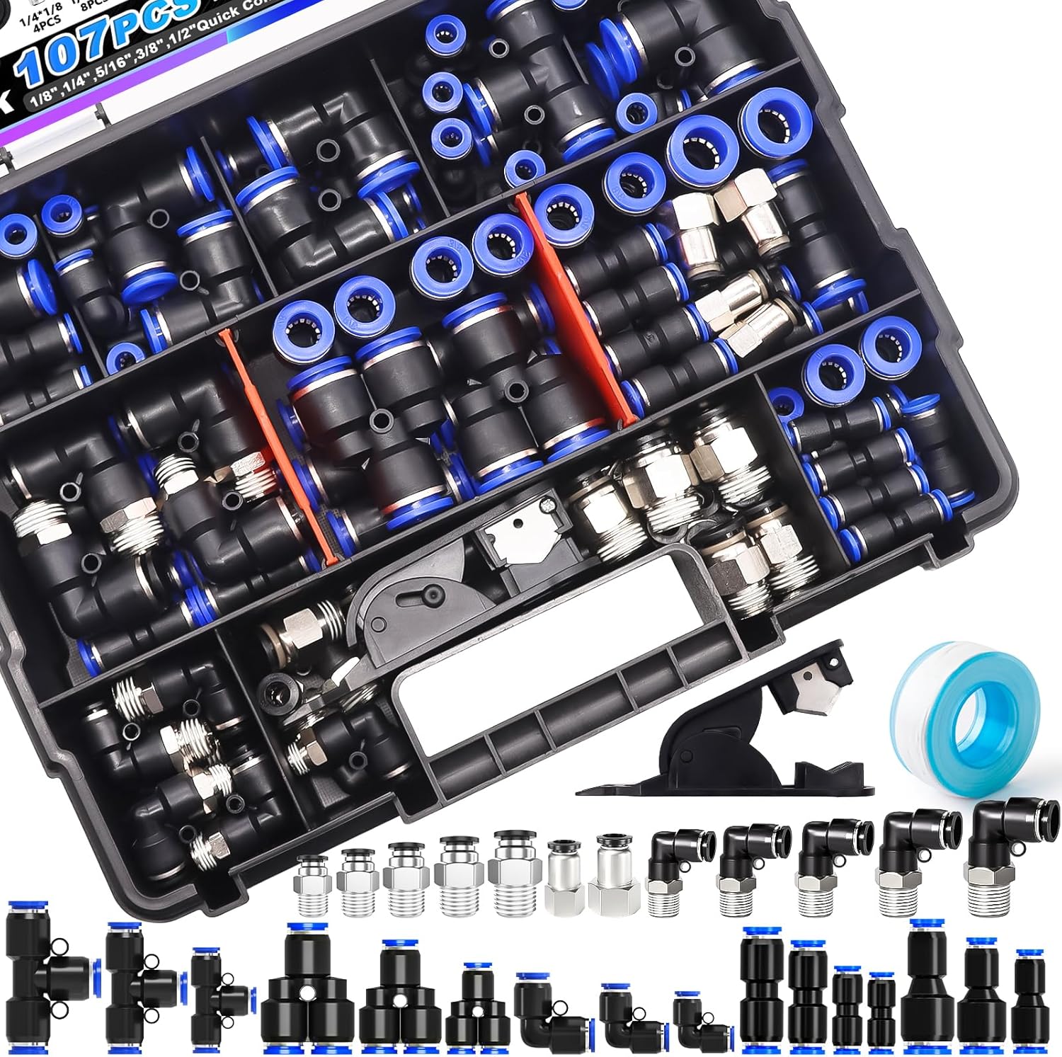 mxuteuk 1/4"OD Push to Connect Fitting Quick Connect Air Hose Fittings+Quick Connect Air Hose Fittings Kit,1/8",1/4",5/16",3/8",1/2",4/6/8/10mm OD Push to Connect Fittings