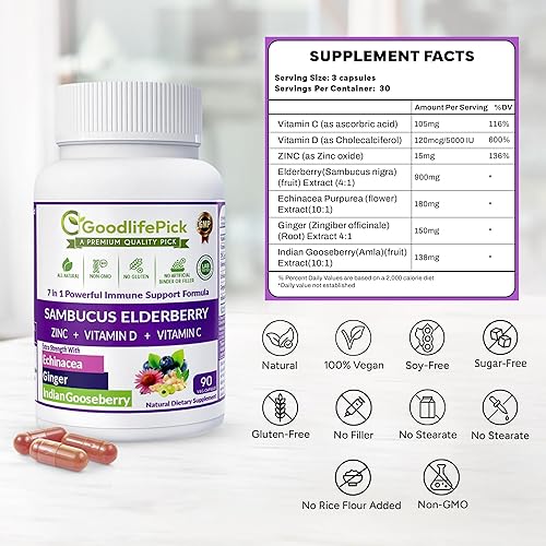 Miniatura 4 de Baya de saúco 7 en 1 con zinc, vitamina C, vitamina D, equinácea, jengibre y grosella espinosa india (Amla). Cápsulas de saúco prémium de 90