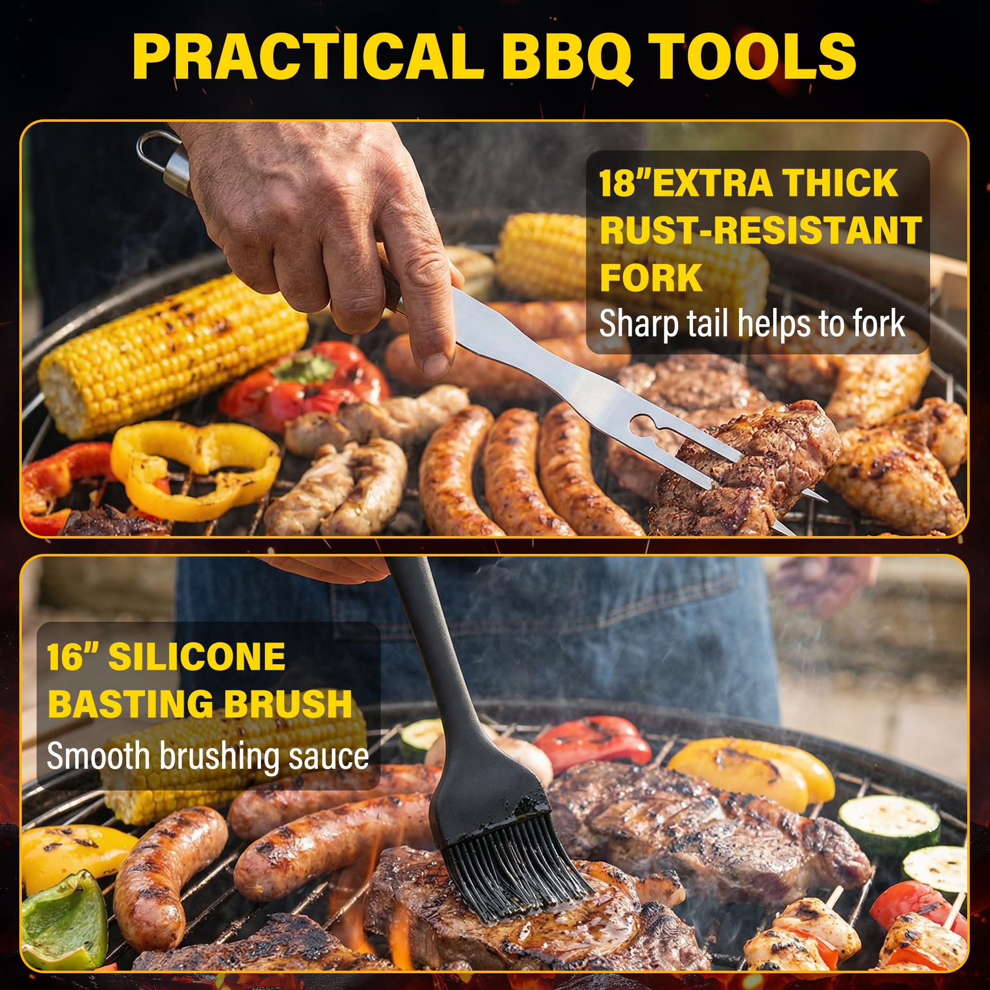 Yekale Juego de herramientas resistentes para parrilla de barbacoa con espátula extra gruesa de acero inoxidable, tenedor, pinzas y cepillo de limpieza, kit completo de accesorios para barbacoa