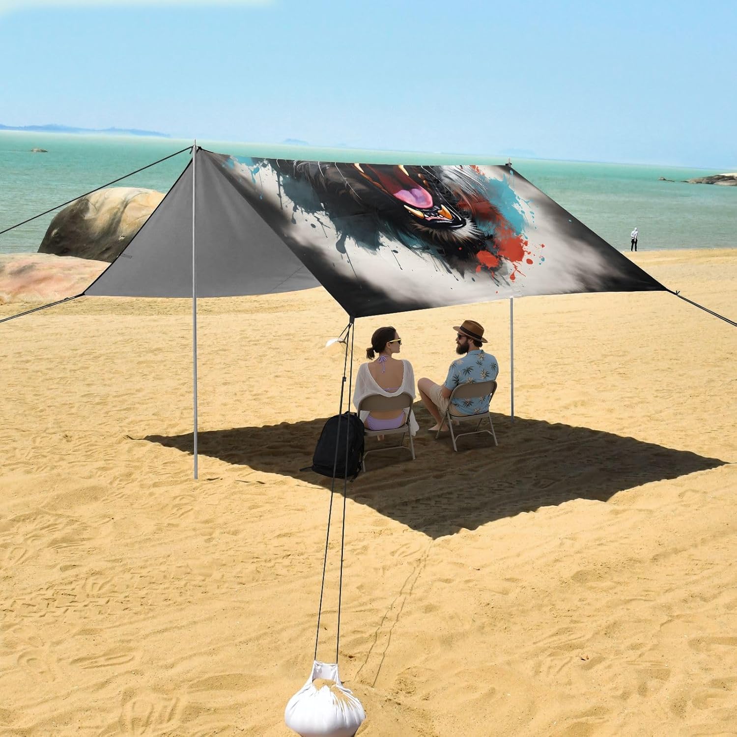 ALAZA Roaring Tiger Watercolor Beach Tent Sun Shelter UPF50+ Protection Beach Shade Canopy w/ 4 Sandbags for Outdoor Camping, Fishing, Backyard Fun, Picnic, 10x9 ft