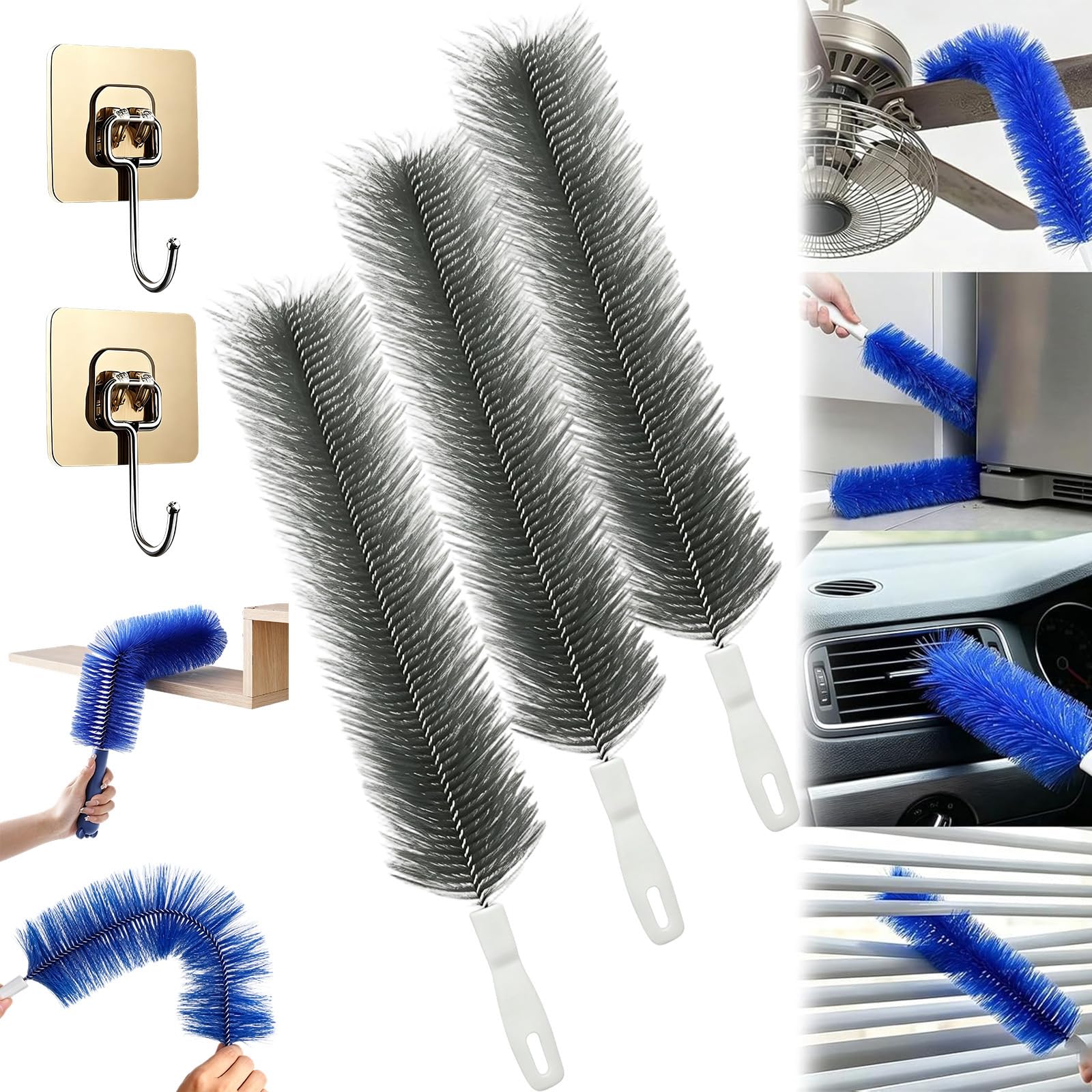 Bendable Microfiber Head, Cobweb Duster, Ceiling Fan Cleaner Duster with Flexible Head, Fan Cleaner Brush Reusable Dust Remover Washable for Electric Fans, Air Conditioning, Car Vents (3grey)