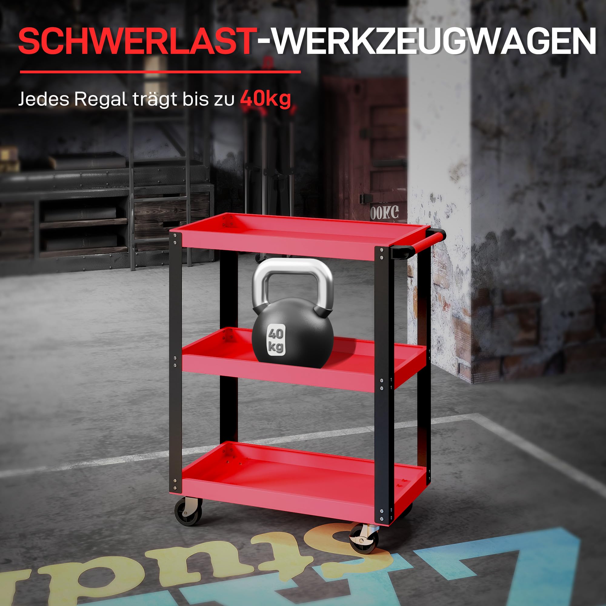 HOMCOM Werkstattwagen mit 3 Etagen, Werkzeugwagen leer, Transportwagen mit seitlicher Griff, 4 Rollen, bis 120 kg Tragkraft, Metall, 70,5 x 35 x 82,5 cm, Rot