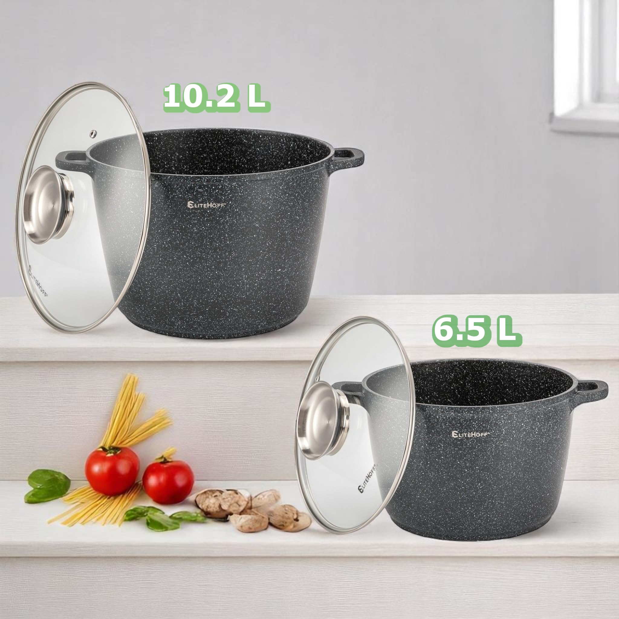 EliteHoff Olla de cocina antiadherente con tapa - Juego de 2 ollas de sopa de aluminio de 24/28 cm (6,5 L + 10,2 L) ollas de mármol grandes para inducción y todo tipo de cocinas (negro)