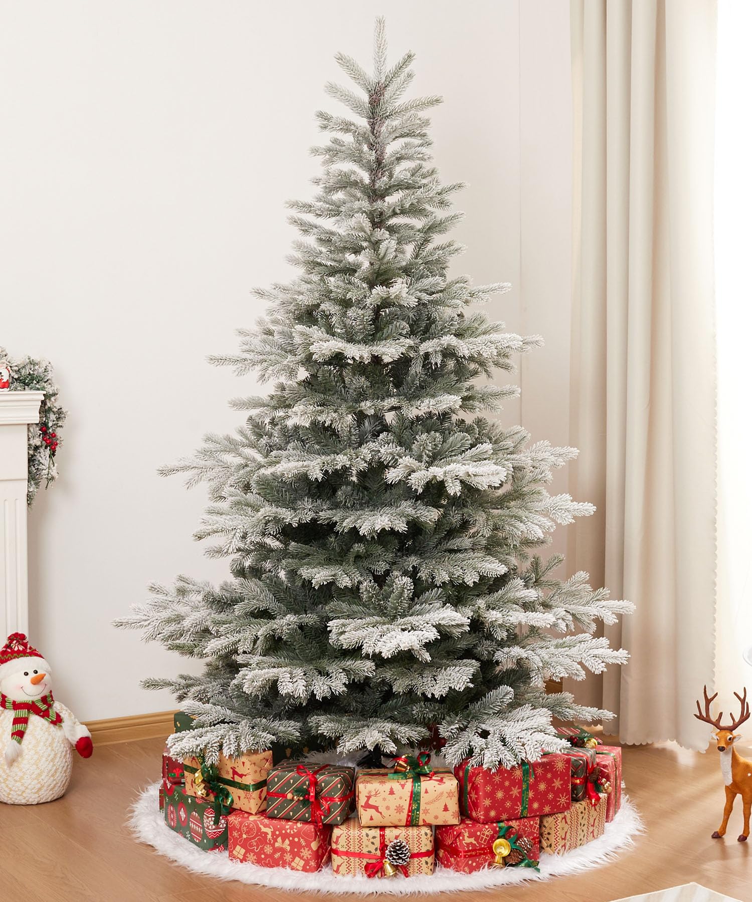 Yorbay Sapin de Noël artificiel avec flocage de neige, 210 cm, en polyéthylène et PVC, avec support en fer, pour décoration de Noël, convient comme décoration pour la maison, le bureau et le magasin