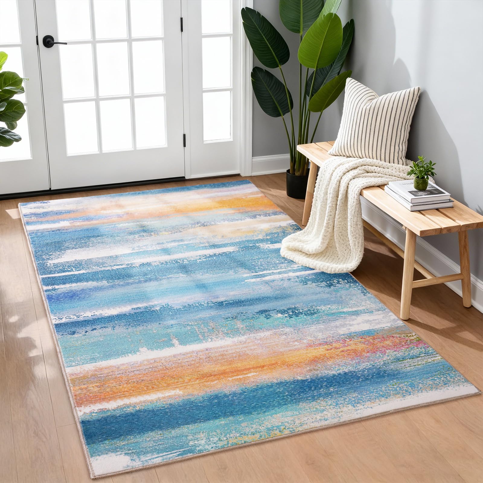 Rezutan Washable Rugs for Bedroom 80x150cm, Modern Abstract Carpet Soft Short Pile Non-Slip Area Rug for Living Room, Dining Room, Home Office - Yellow Green