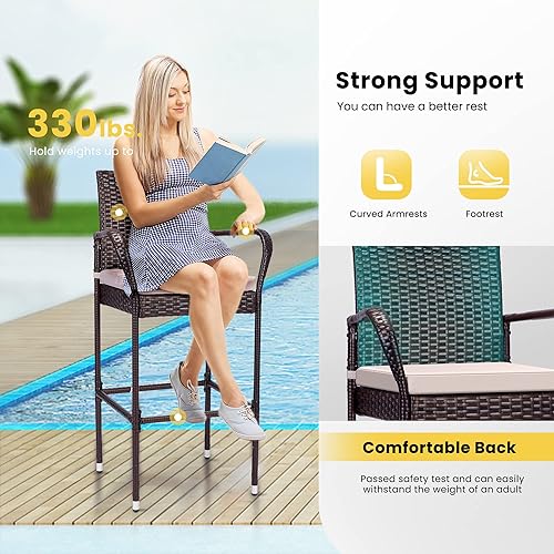 Miniatura 4 de VIVOHOME Paquete de 4 taburetes de mimbre para exteriores, muebles de ratán con reposabrazos y cojines, color marrón