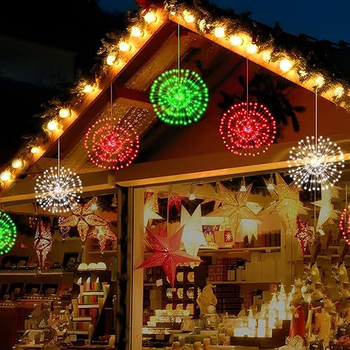 Miniatura 7 de LYUBASA 3 luces decorativas de fuegos artificiales de Navidad, 480 LED a distancia y tiempo, 8 modos de luz, luces de fuegos artificiales rojas,