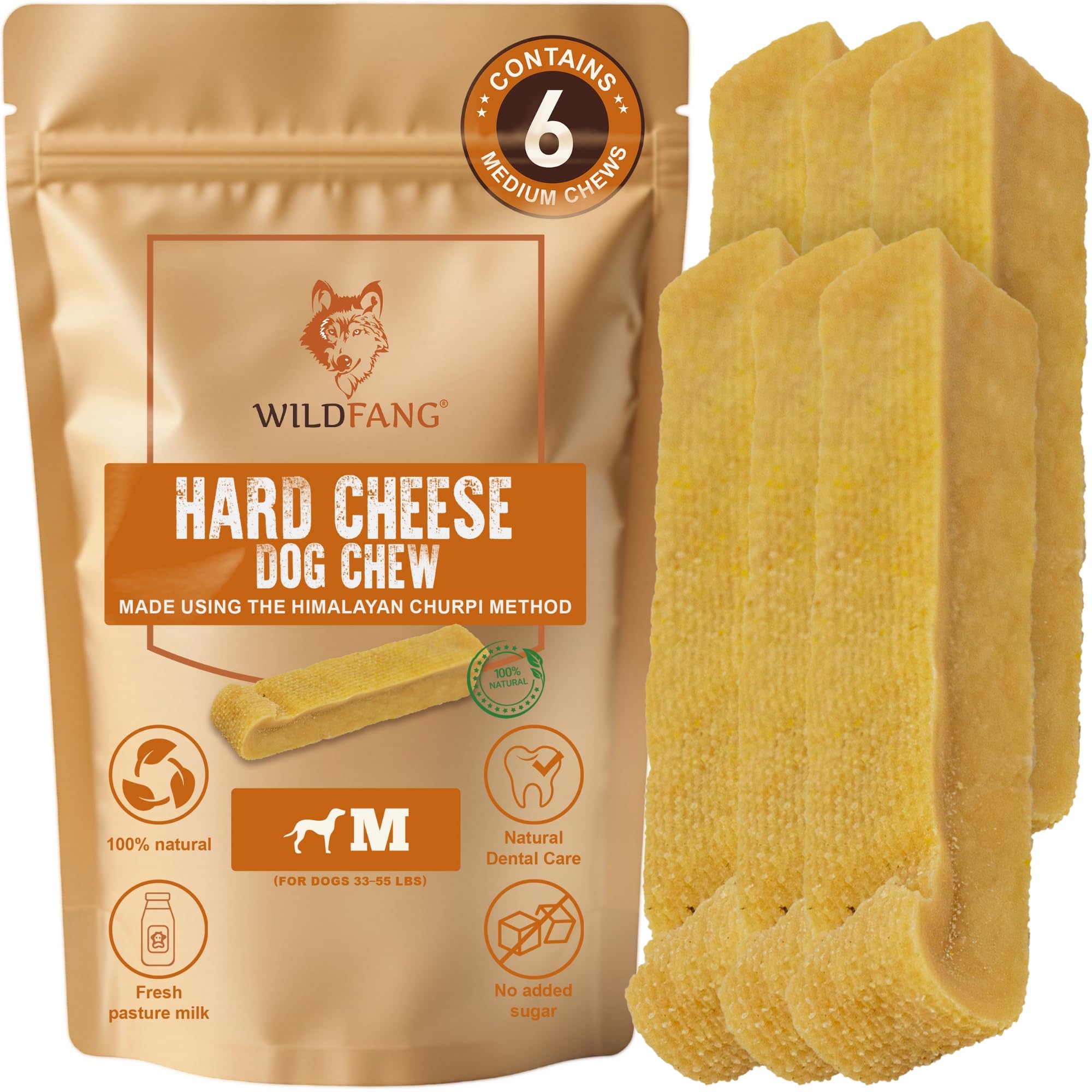 Wildfang® Yak Chews for Dogs, M (Approx. 72 g) – Himalayan Yak Cheese Dog Chews, Natural Dog Treats and Puppy Teething Toys for Healthy Gums, Hard Churpi Dental Sticks for Dogs 15-25 kg, Pack of 6