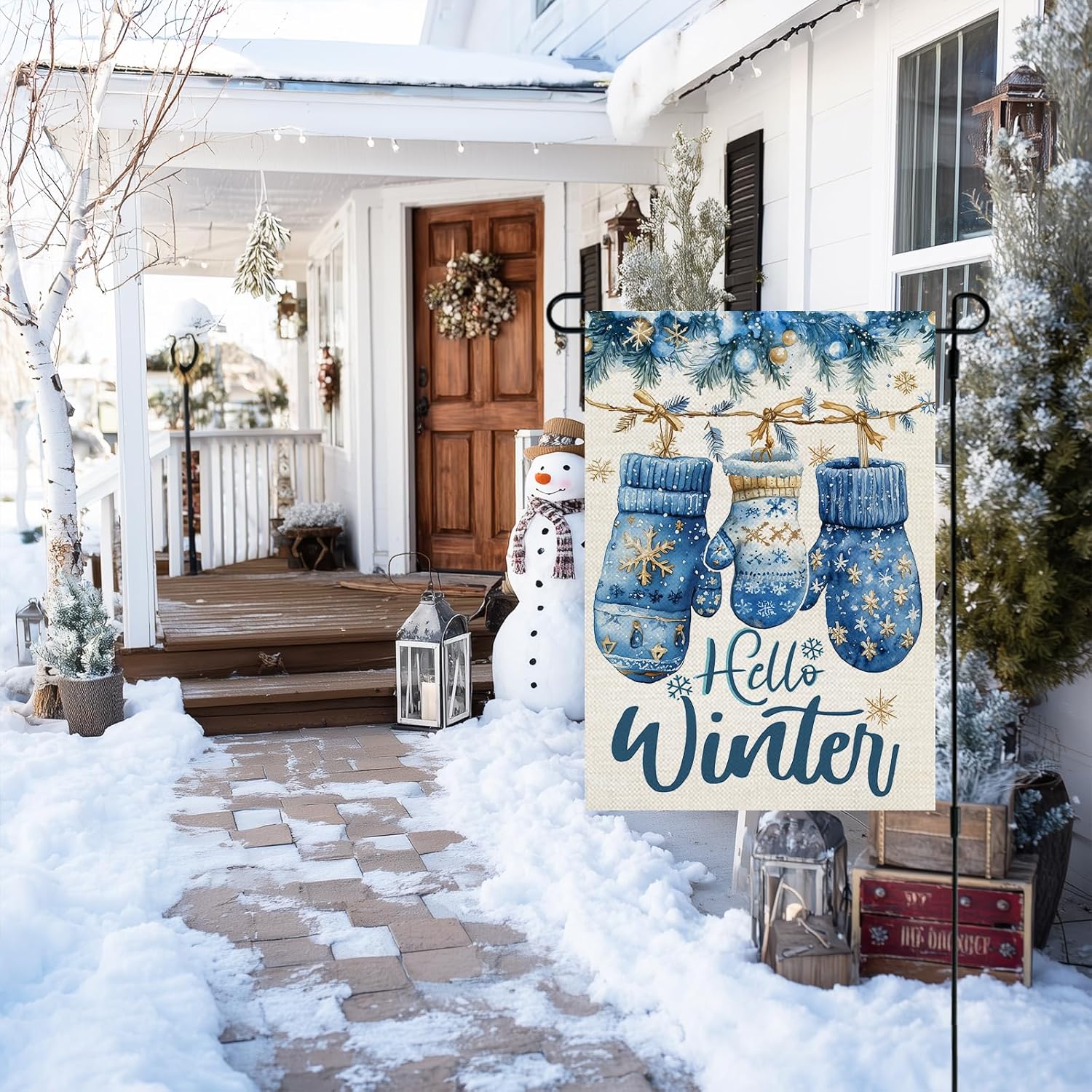 CROWNED BEAUTY Hello Winter Garden Flag Mitten 12x18 Inch Double Sided Blue Decoration for Outside Yard CF1904-12 - Image 3