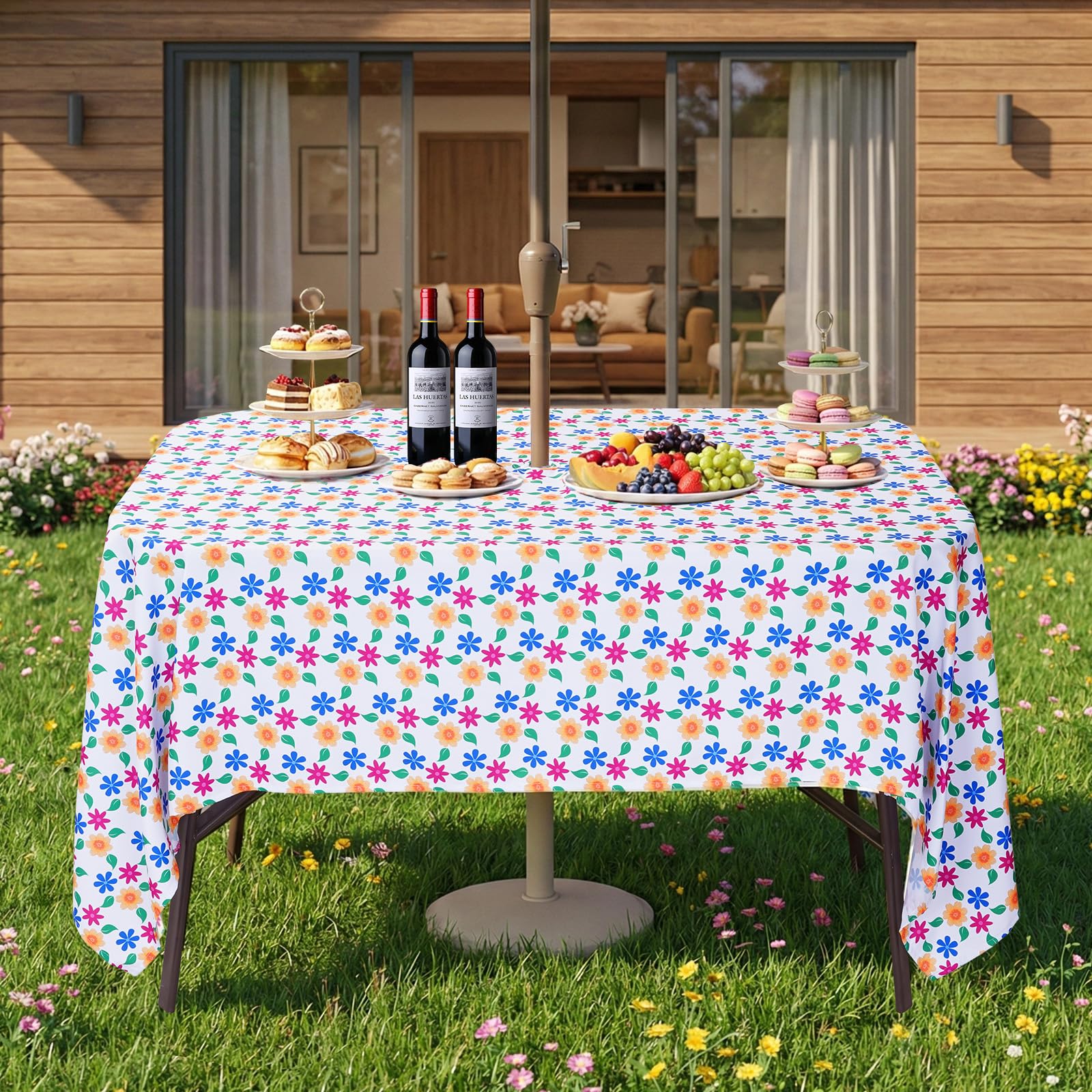 Eternal Beauty 120" x 60" Rectangle Tablecloth Waterproof Outdoor Tablecloth with Umbrella Hole Zipper for Patio Spring Summer Picnic Tables (Yellow-Blue Flower, 120" x 60" (Rectangular))