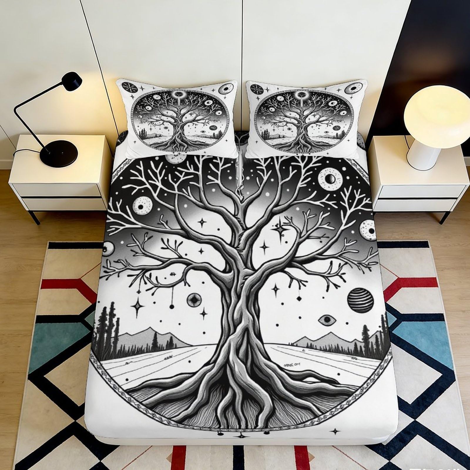 3D Printed Tree of Life Fitted Sheet Microfiber Deep Pocket Bedroom Bedding Tree Mattress Fitted Cover Elastic Washable 120x200x25cm